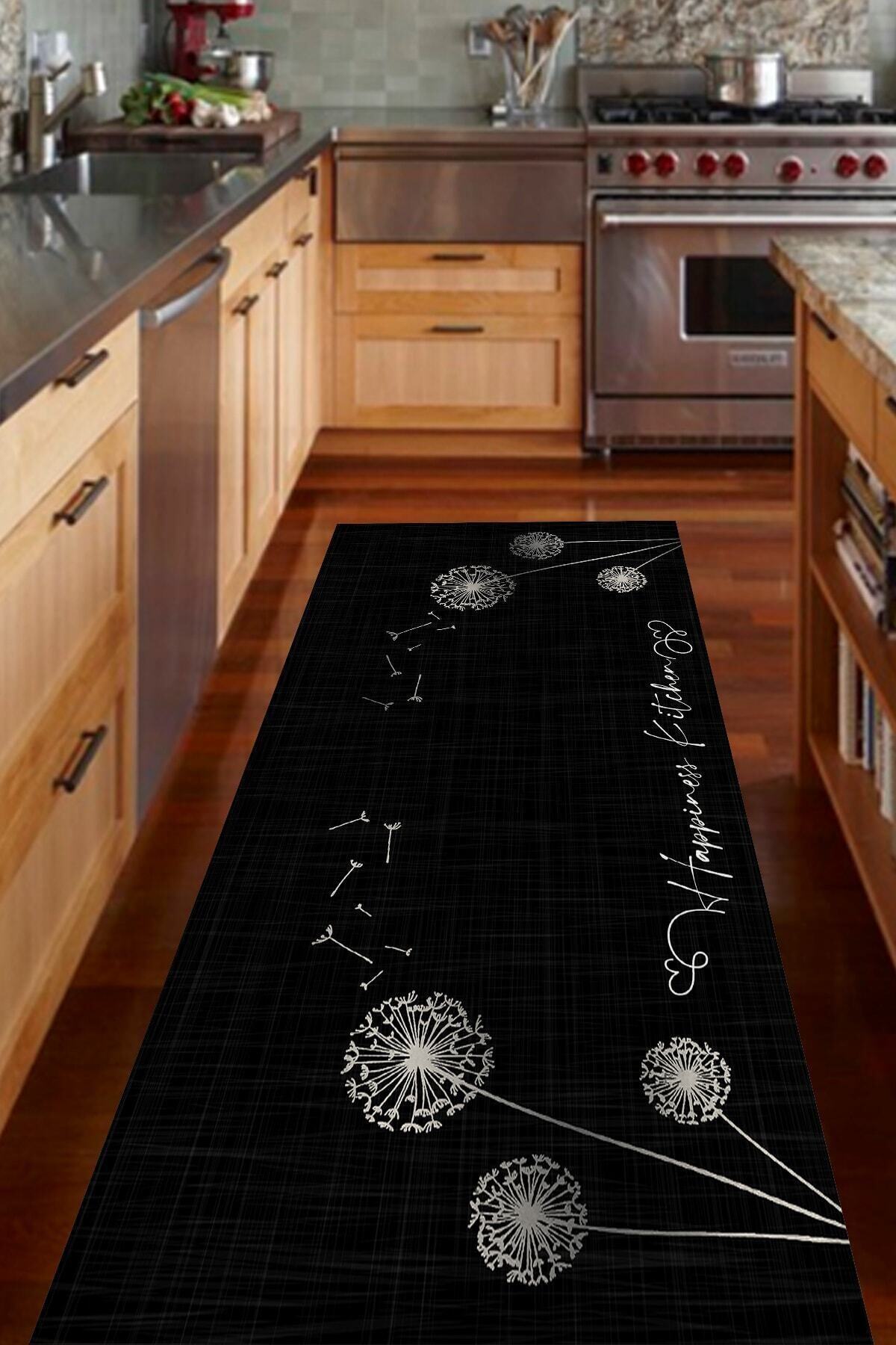 CAPPİO HALI Siyah Happiness Kitchen Yazılı Mutfak HalısıCp388