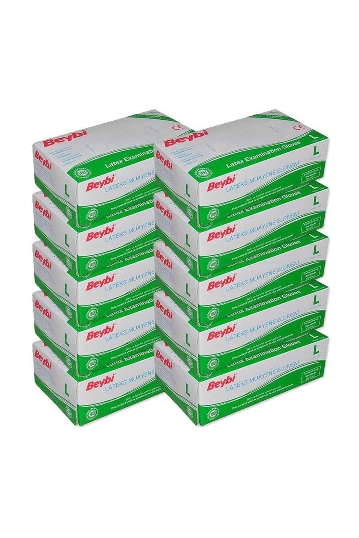 Beybi (10 PAKET) Beybi Latex Pudralı Muayene Eldiveni Lateks 100'lü (L) Large