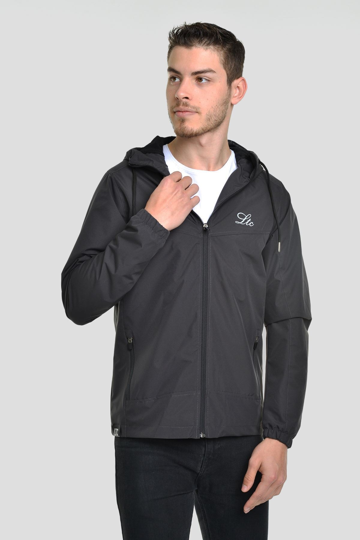 LTC Jeans Erkek Kapüşonlu File Astarlı Su Geçirmez Antrasit Yağmurluk Mont