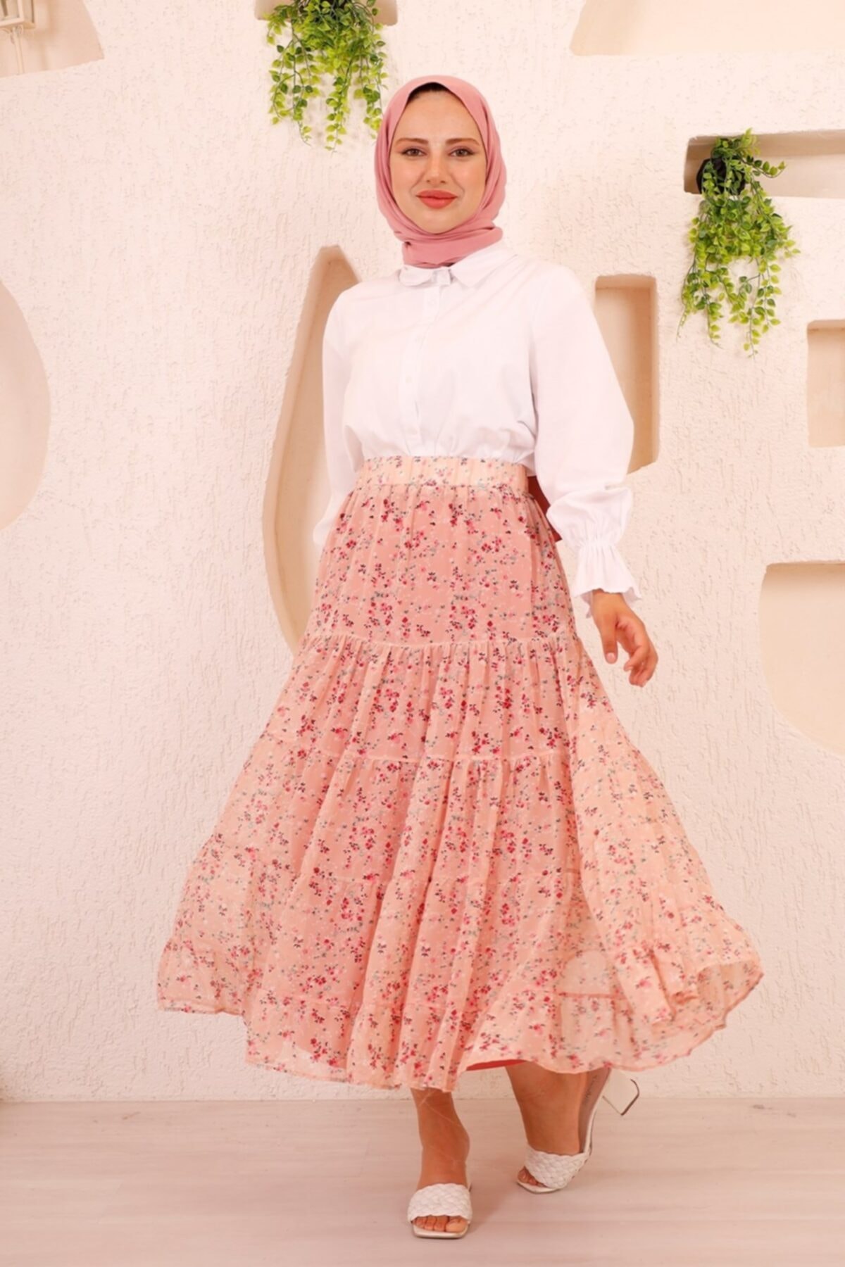 Bestenur Çir Çiçek Desen Şifon Etek Pudra