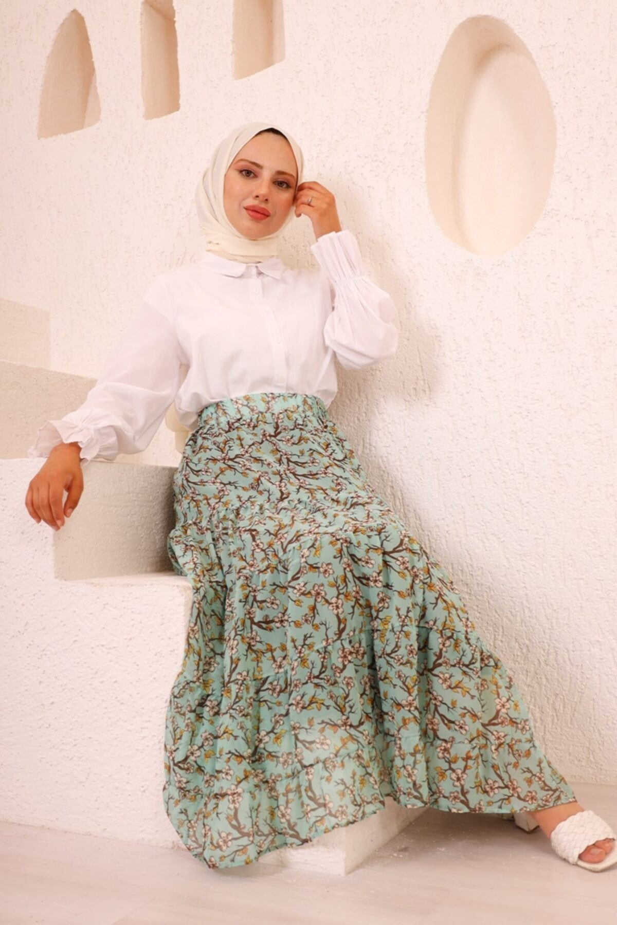 Bestenur Çiçekli Dal Desen Şifon Etek - Mint