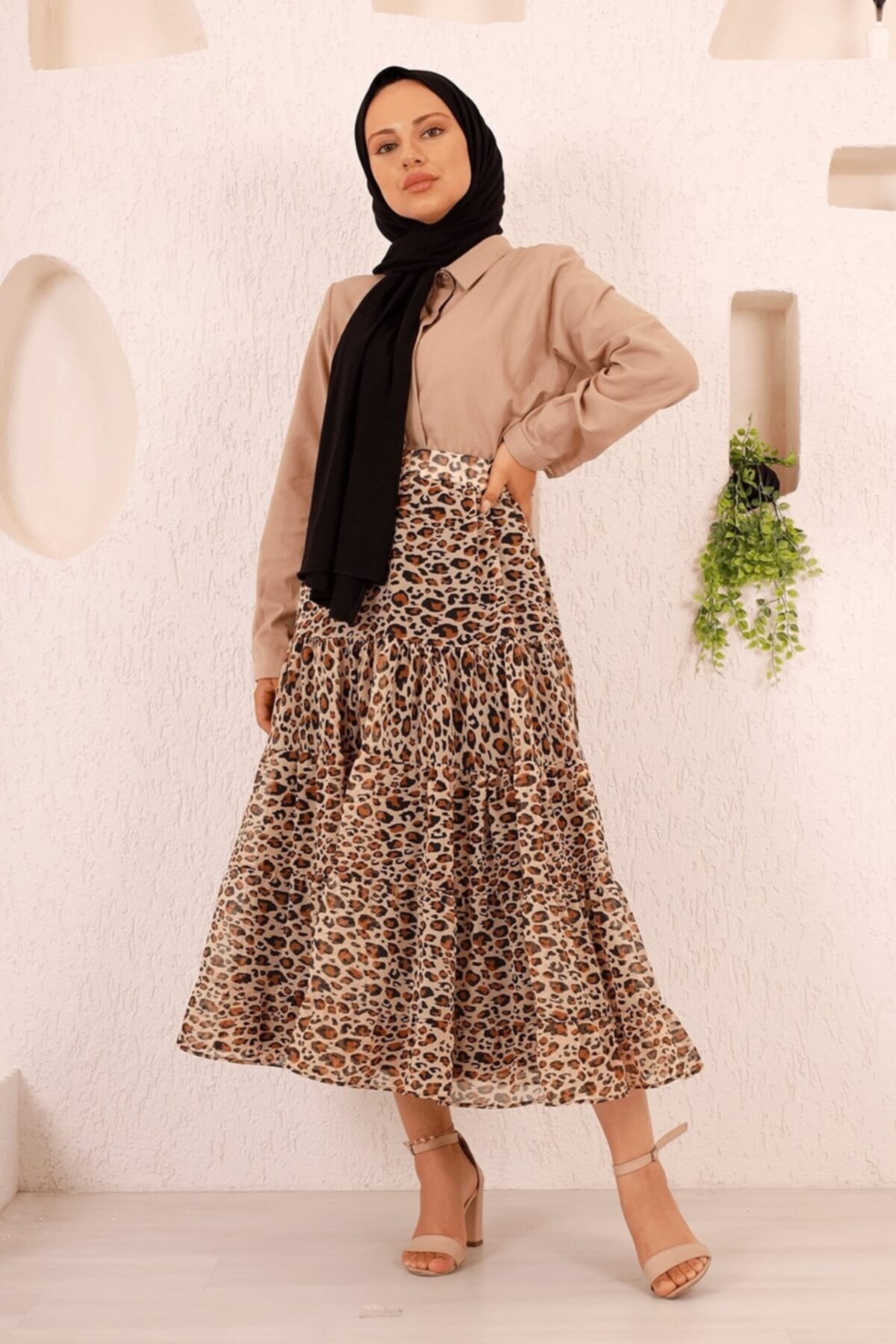 Bestenur Leopar Desen Şifon Etek Vizon