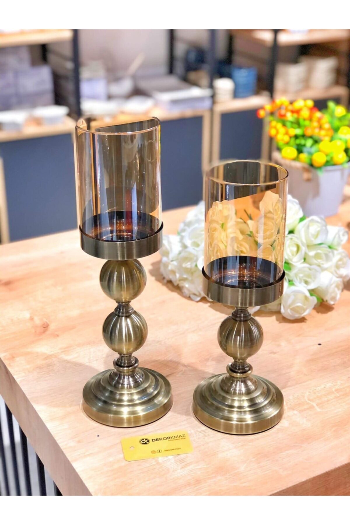 DEKORKMAZ İkili Metal Eskitme Cam Mumluk