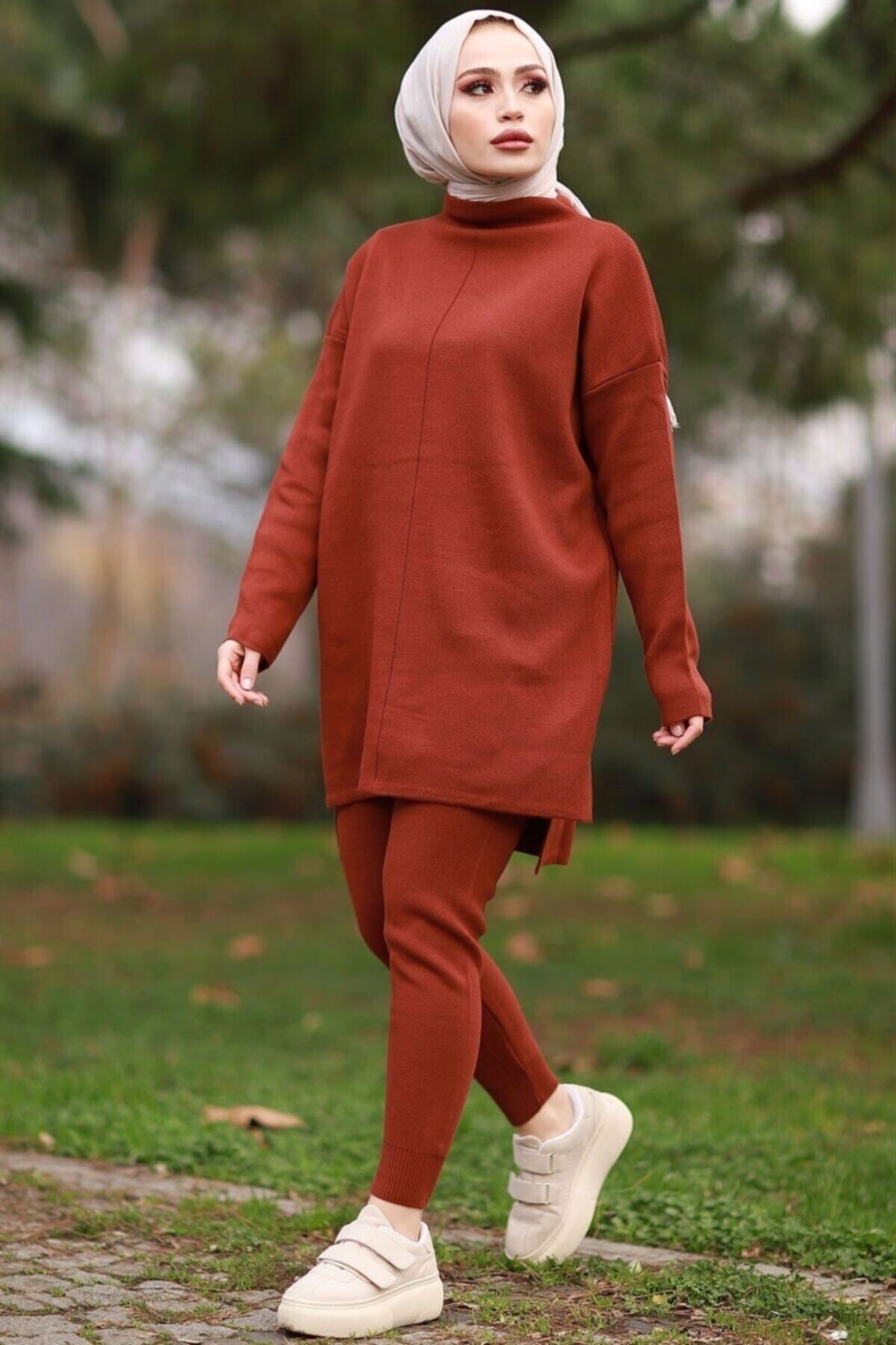 Bestenur Kadın Kiremit Dar Paça Triko Takım