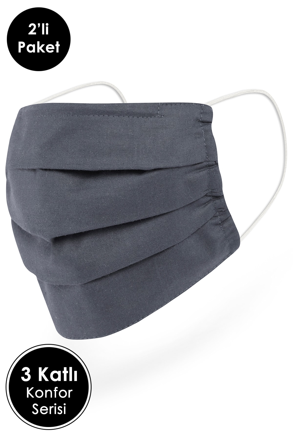 Mutlu Maske Konfor Serisi 3 Katlı Telli Unisex %100 Pamuklu Kumaş Yıkanabilir Gri Renkli Maske 2'li