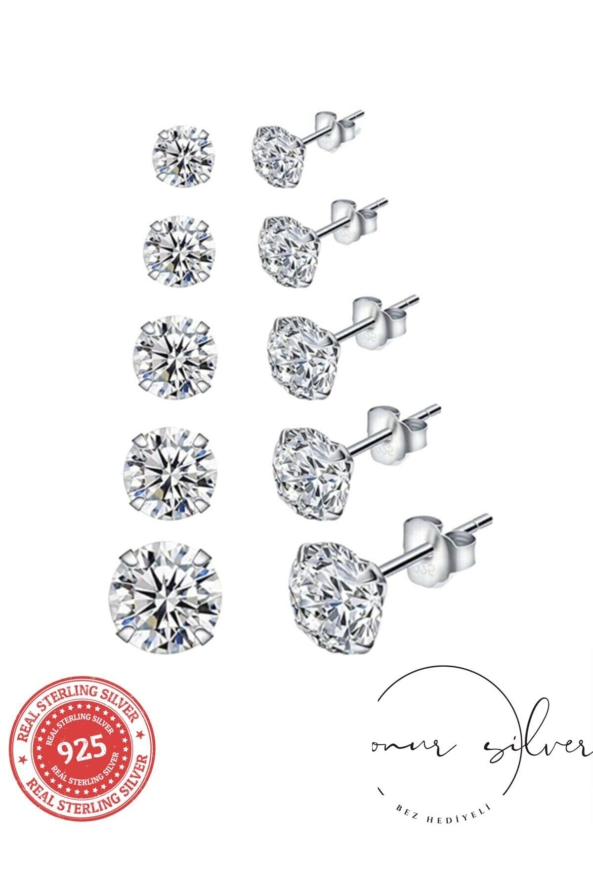 Onur Silver 5 Çift 925 Ayar Gümüş Kadın Tek Taş Model Zirkon Taşlı Yuvarlak Gümüş Küpe Seti 3, 4, 5, 6 Ve 7mm