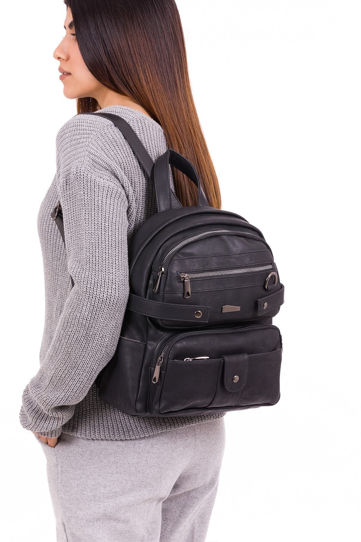 BAGzy Kadın Siyah Çıtçıtlı 40cm30cm Sırt Çantası