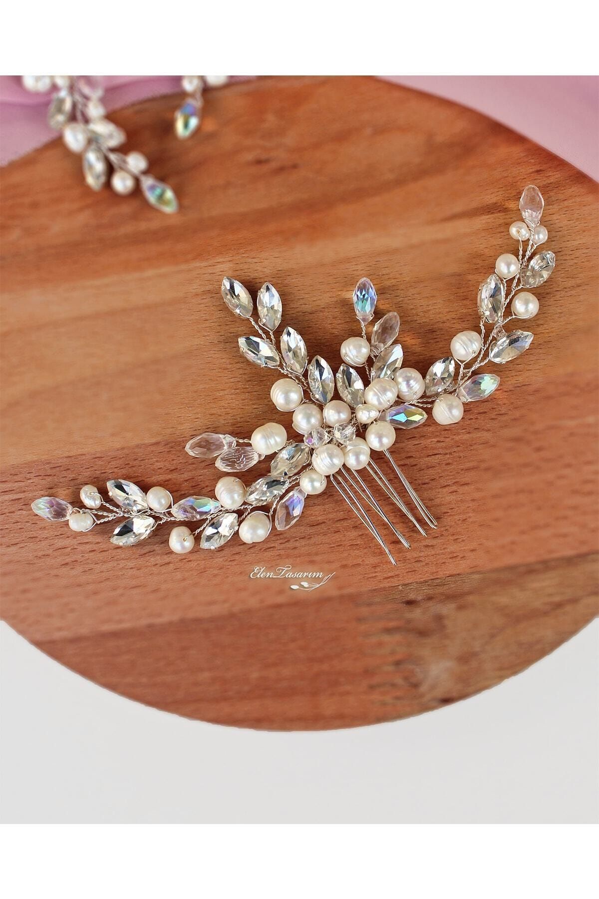 Elen Tasarım Doğal inci ve swarovski taşlı saç aksesuarı. incili gelin tarağı