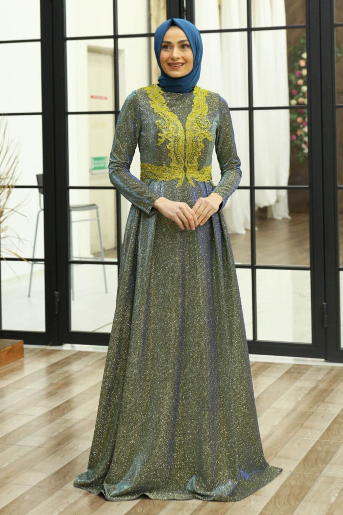 Feiza Collection Dantel Detaylı Tesettür Abiye Elbise - Hardal