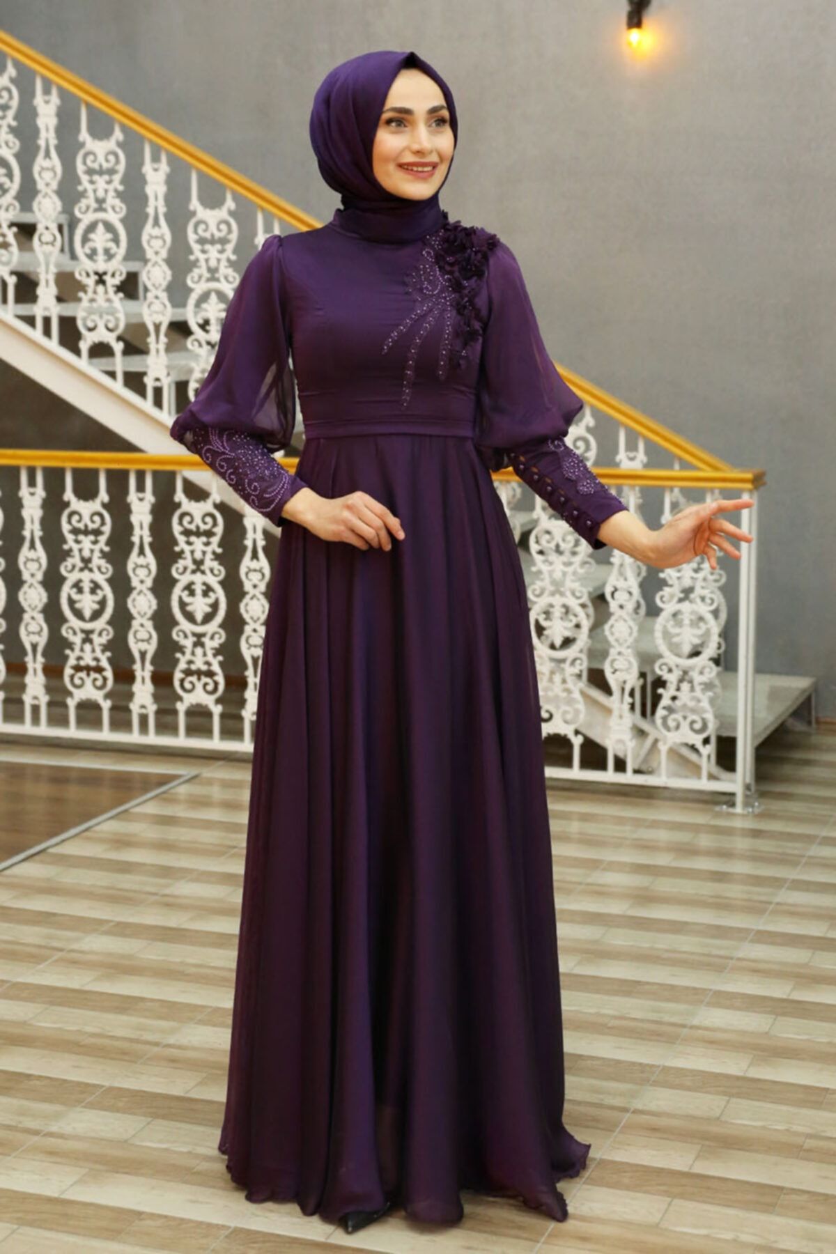 Feiza Collection Çiçek Detaylı Şifon Tesettür Abiye Elbise - Mor
