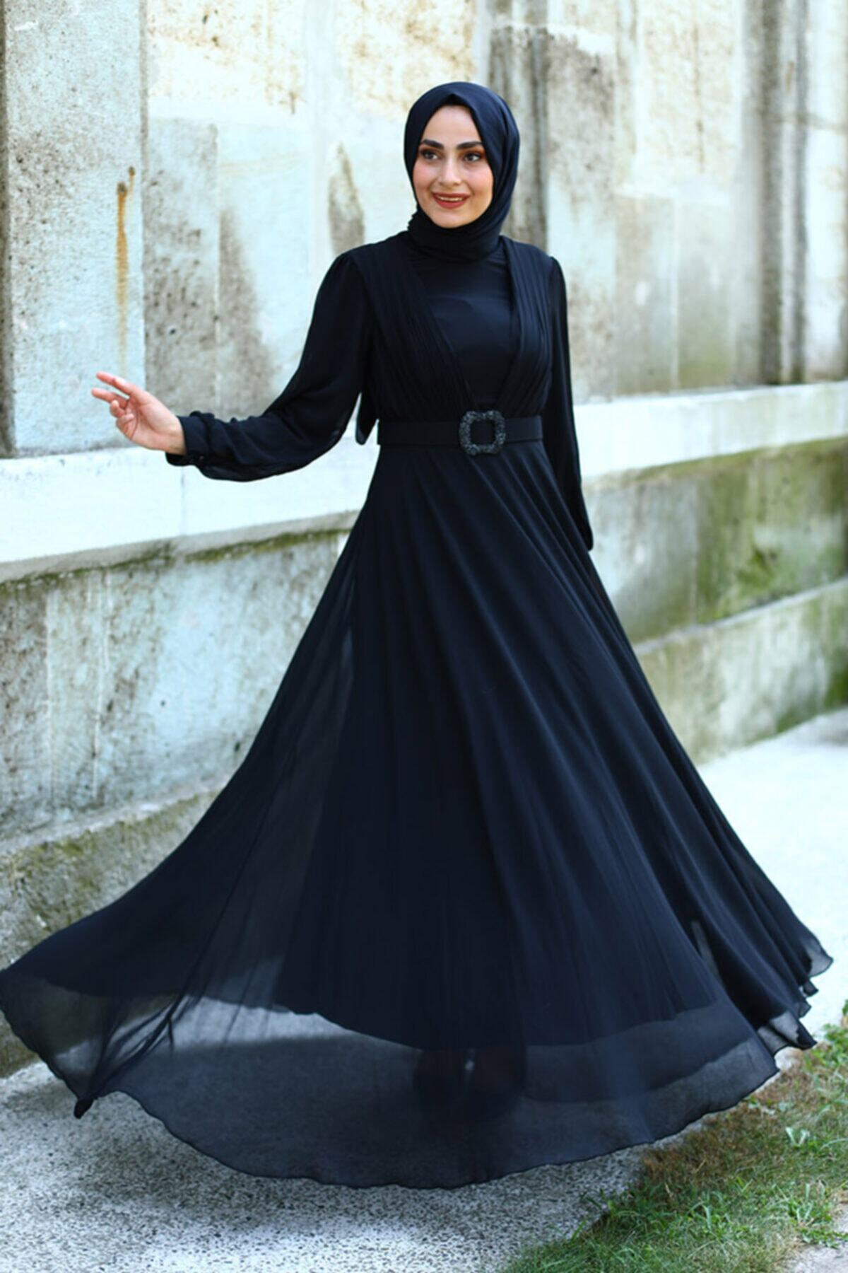 Feiza Collection Darapeli Taş Kemerli Tesettür Abiye Elbise - Siyah