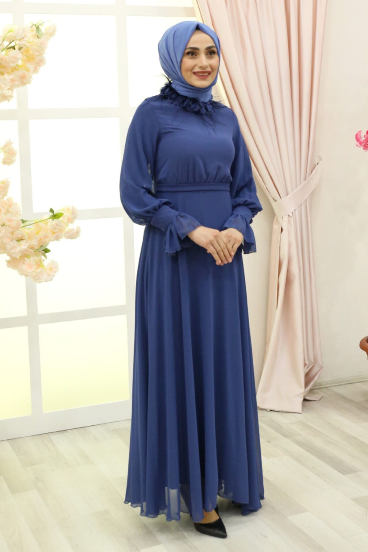 Feiza Collection Boynu Tüylü Tesettür Abiye Elbise - Indigo