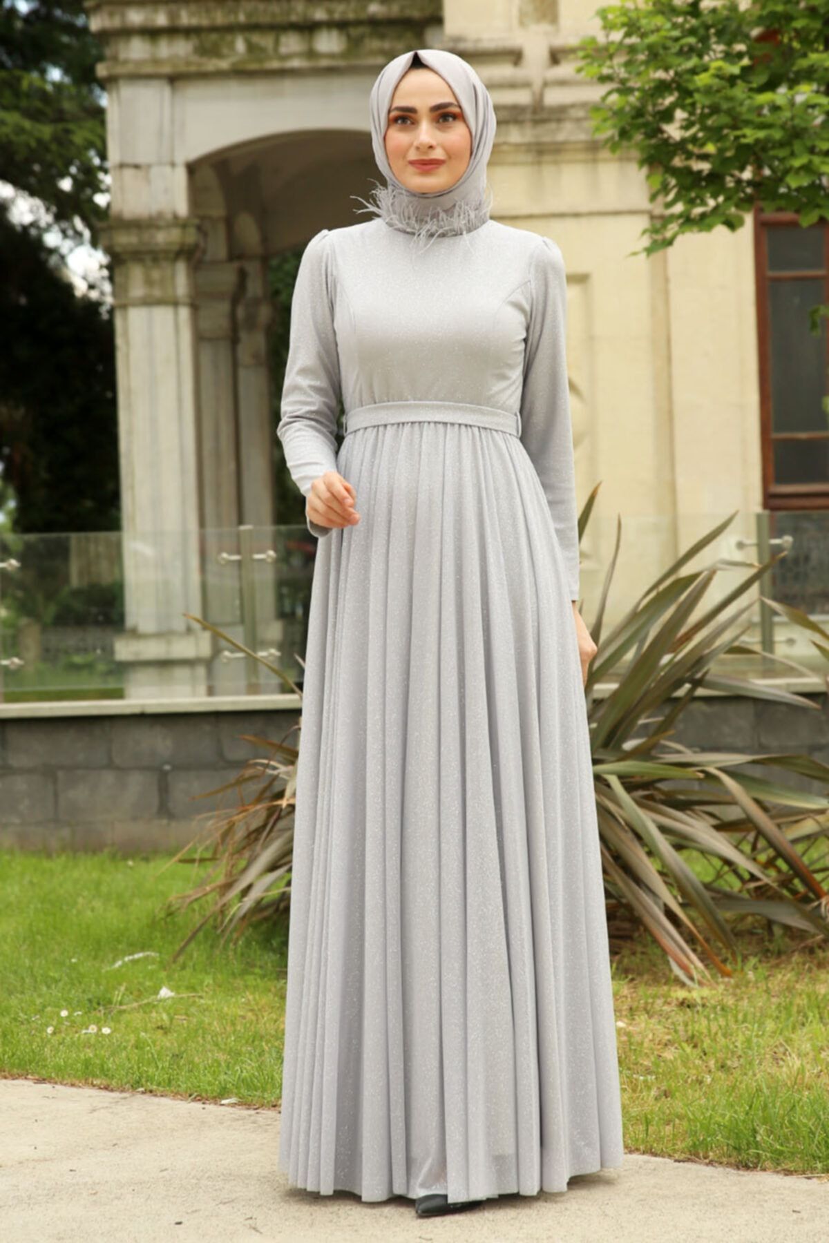 Feiza Collection Boynu Tüy Detaylı Tesettür Abiye Elbise - Grey