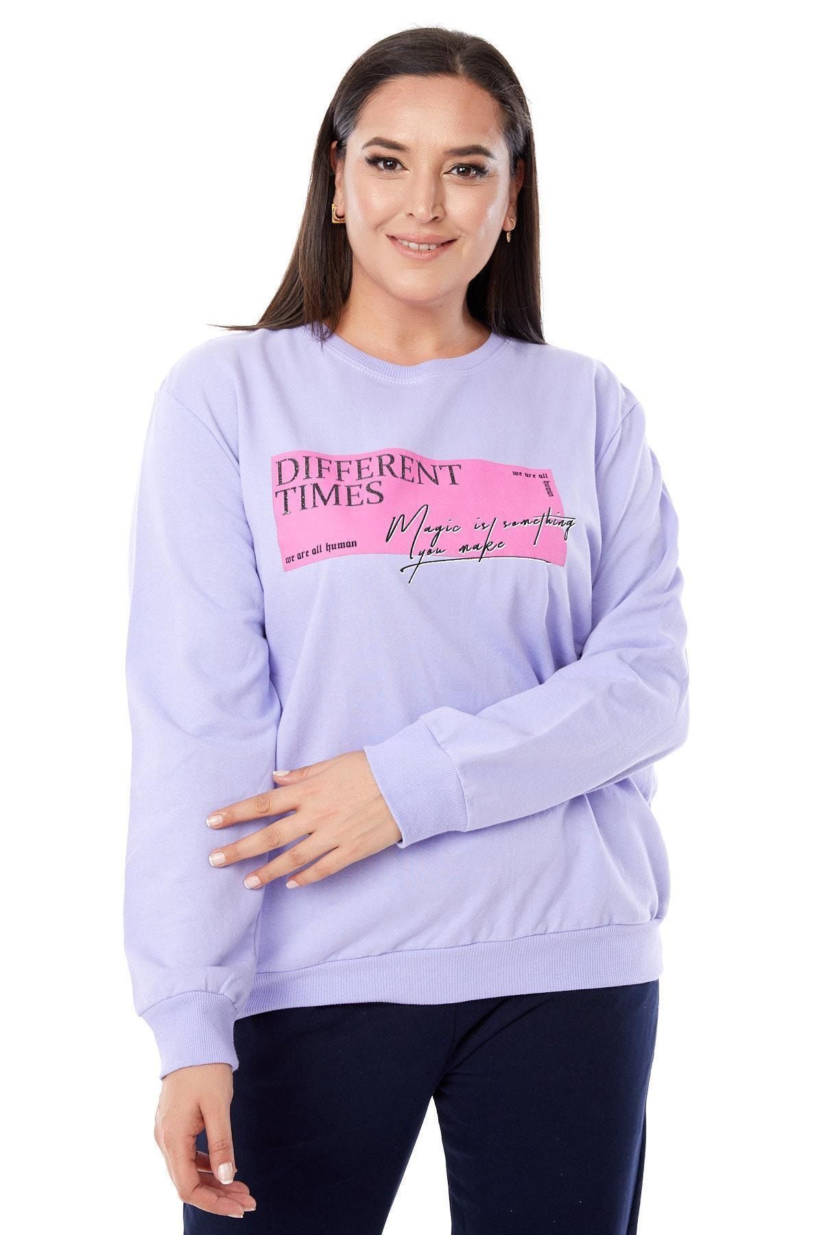 Siyezen Büyük Beden Lila Dikdörtgen Baskılı Sweatshirt