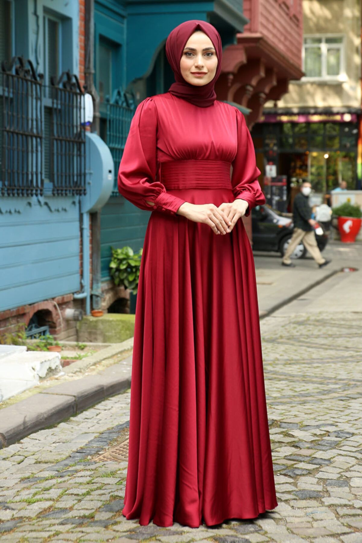 Feiza Collection Belden Drapeli Tesettür Abiye Elbise - Bordo