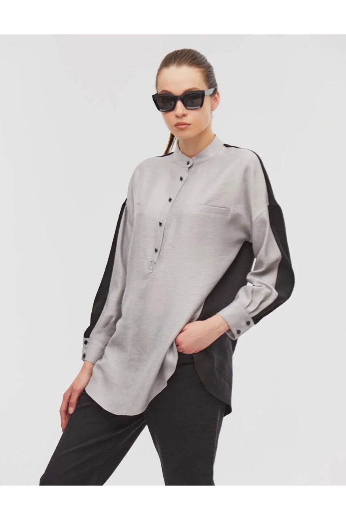 Kayra Color Block Hakim Yaka Tunik Gri
