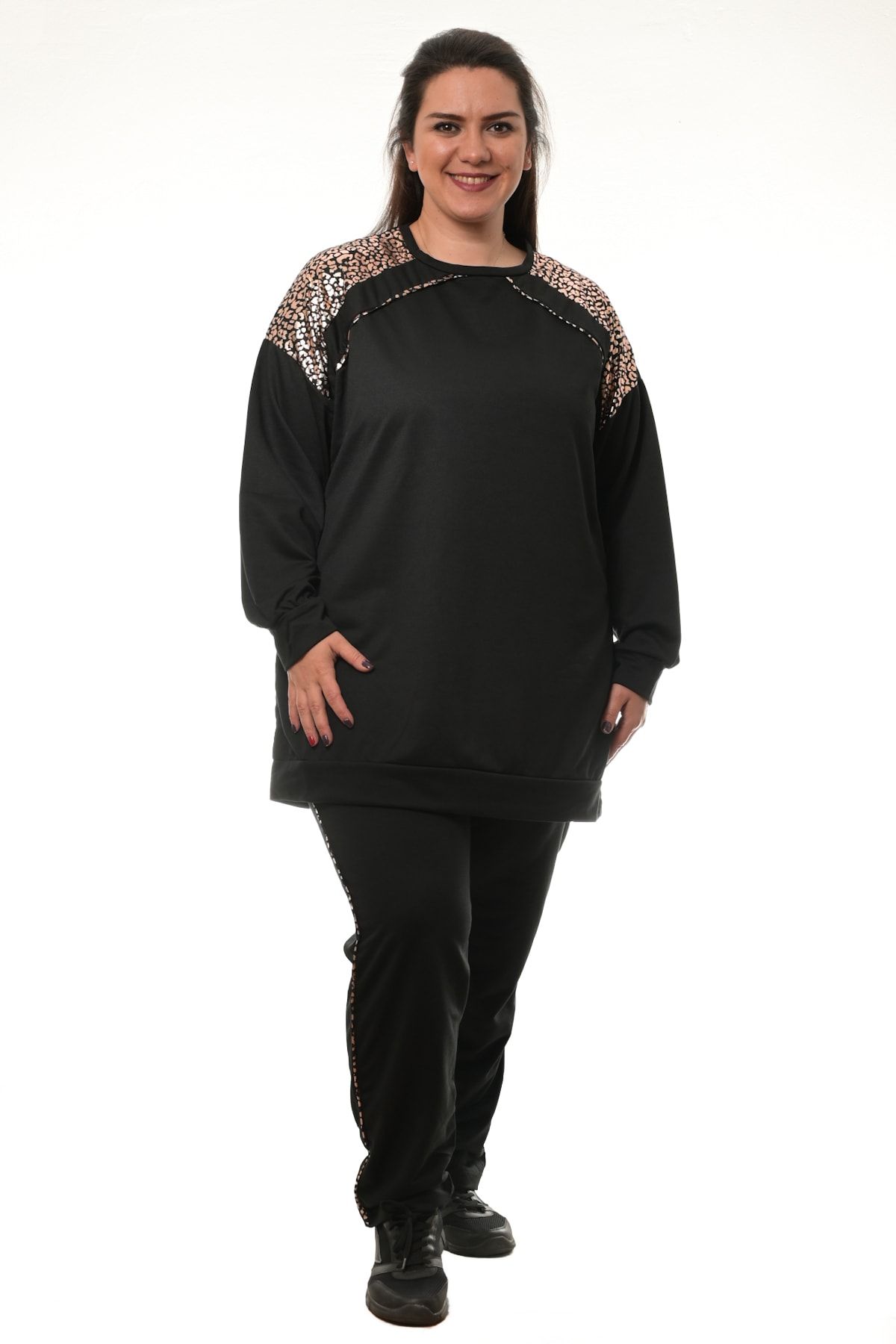 ışıltı fashion Siyah Rekli Bakır Pullu Oversize Kapüşonlu Büyük Beden Eşofman Takımı