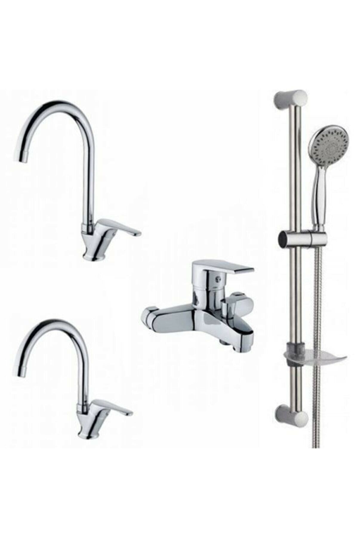 KCA ARMATÜR Sürgülü Duş Seti Banyo Mutfak Lavabo Bataryası Musluğu Çeşmesi Dört'lü Set Çift Su Girişli