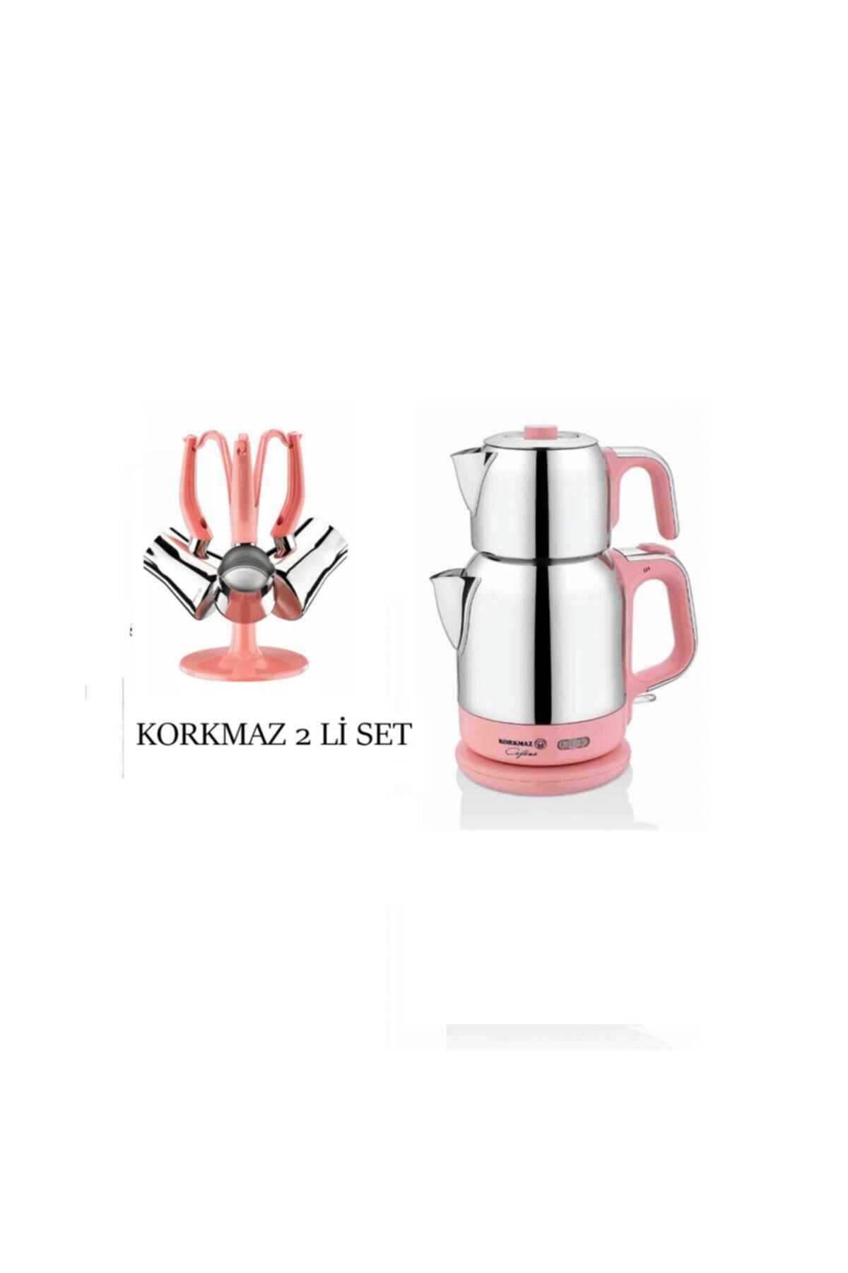 KORKMAZ Çaytema Elektrikli Çay Makinesi- Manolya Cezve Takımı 2 Li Set