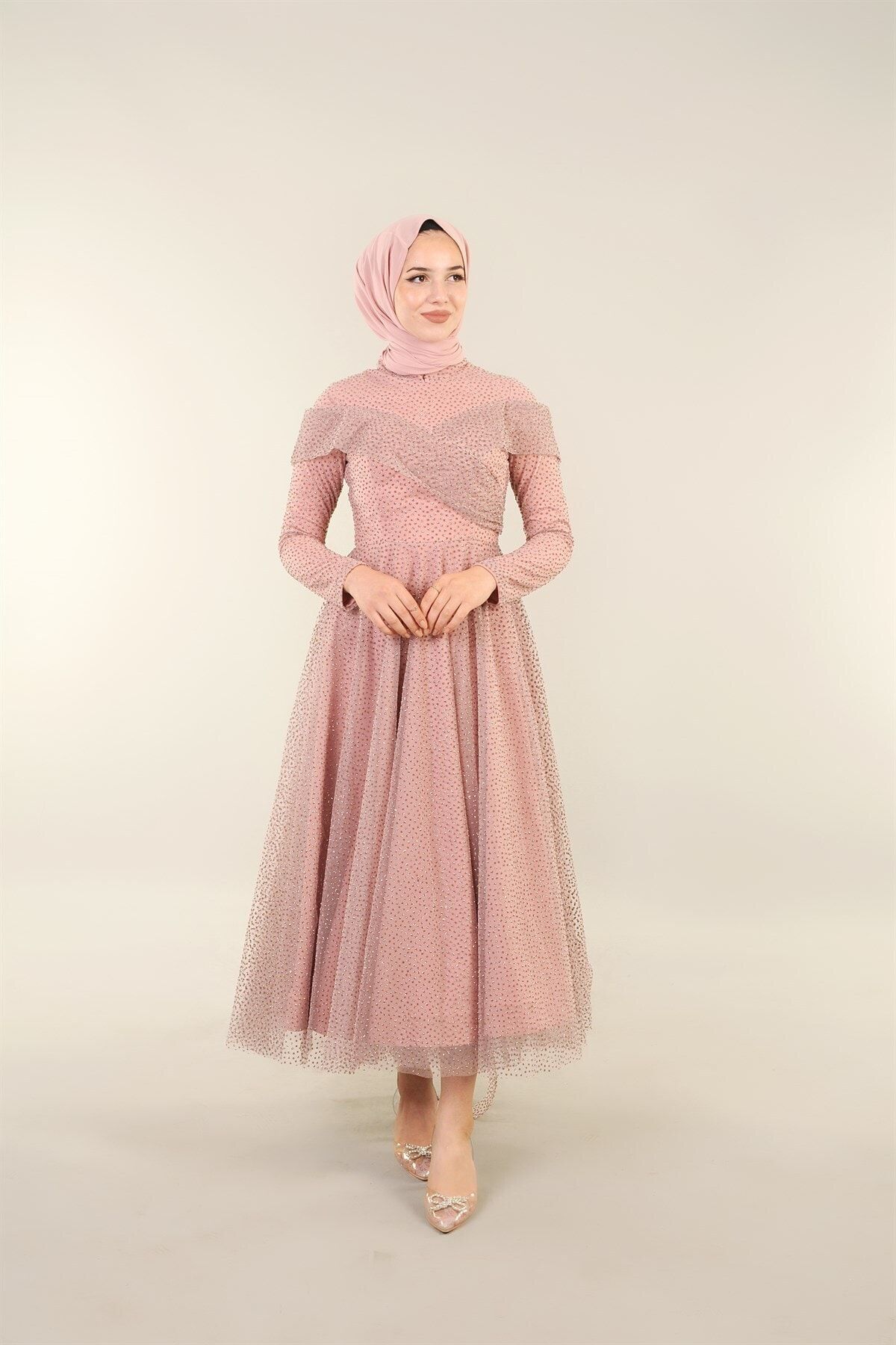 Letta Butik Pudra Kayık Yaka Puantiye Detaylı Midi Boy Tesettür Abiye 2299