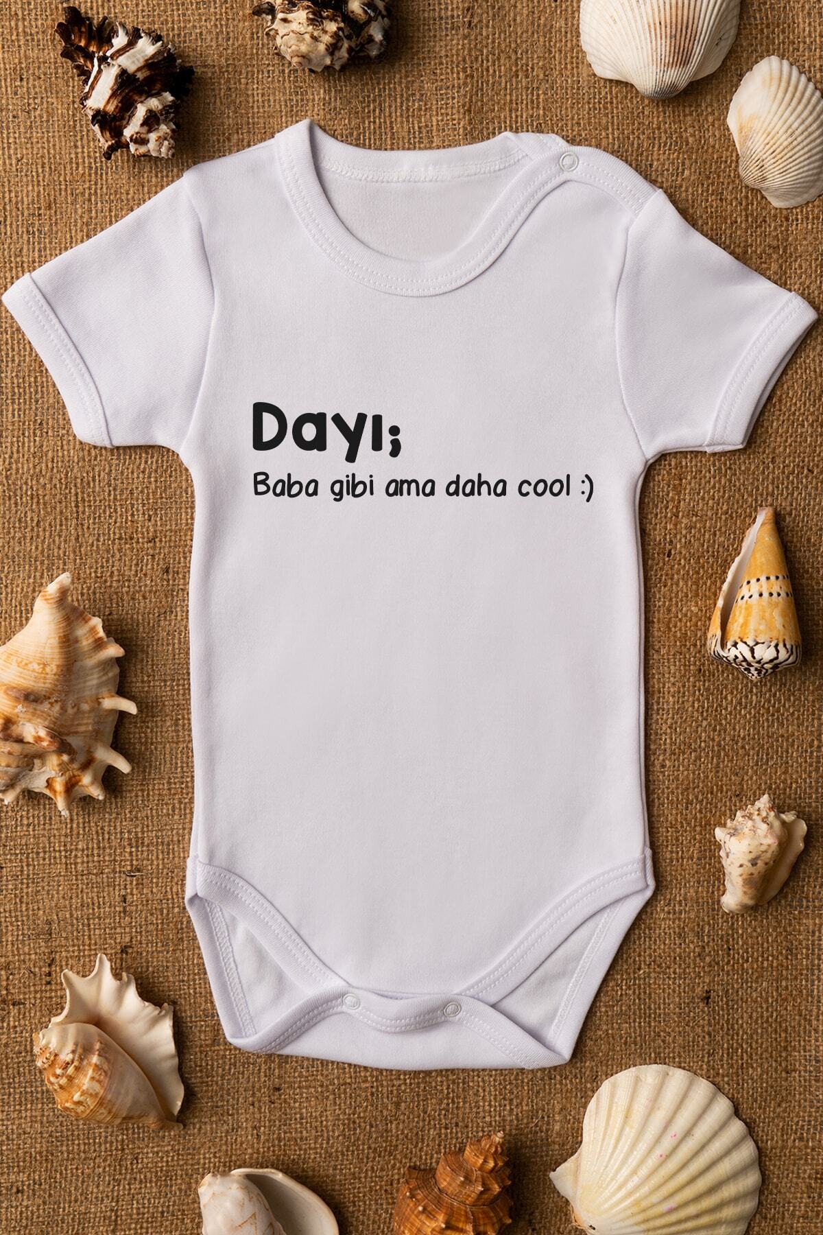 Overoz Dayı Baba Gibi Ama Daha Cool Yazılı Beyaz Çıtçıtlı Bebek Body Zıbın Bebek Badi %100 Pamuklu 5056