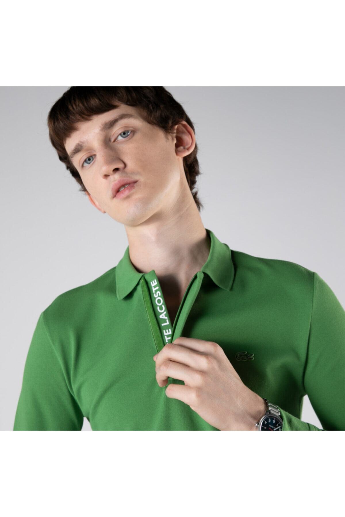 Lacoste Erkek Slim Fit Uzun Kollu Yarım Fermuarlı Haki Polo
