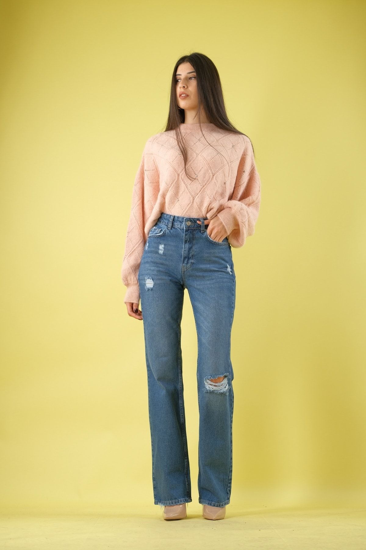 ABBRA Kadın Yırtıklı Flare Kesim Jean