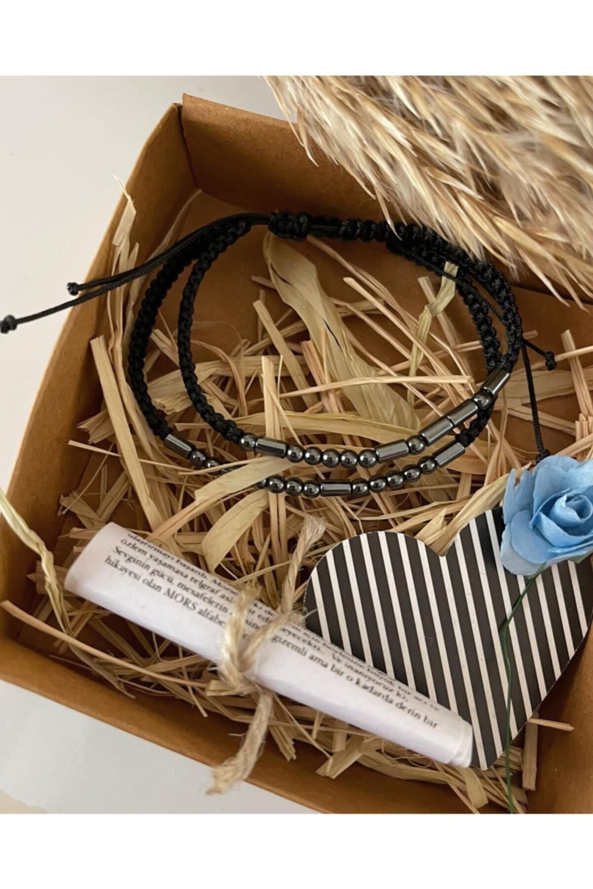 Ben Aleina Mors Alfabesi Bileklik Hematit Taşı Çift Hediye Kutu