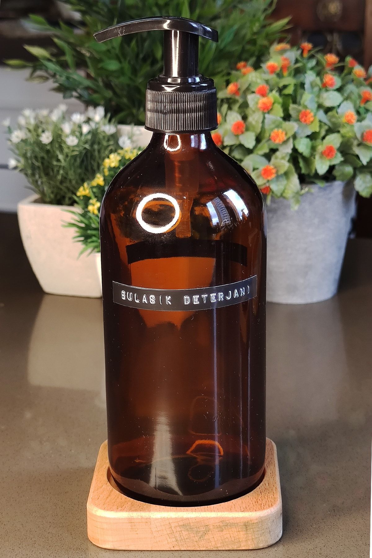 KHAKMA Lüks Ahşap Stantlı 500ml Bulaşık Deterjanı Etiketli Amber Kahverengi Cam Şişe