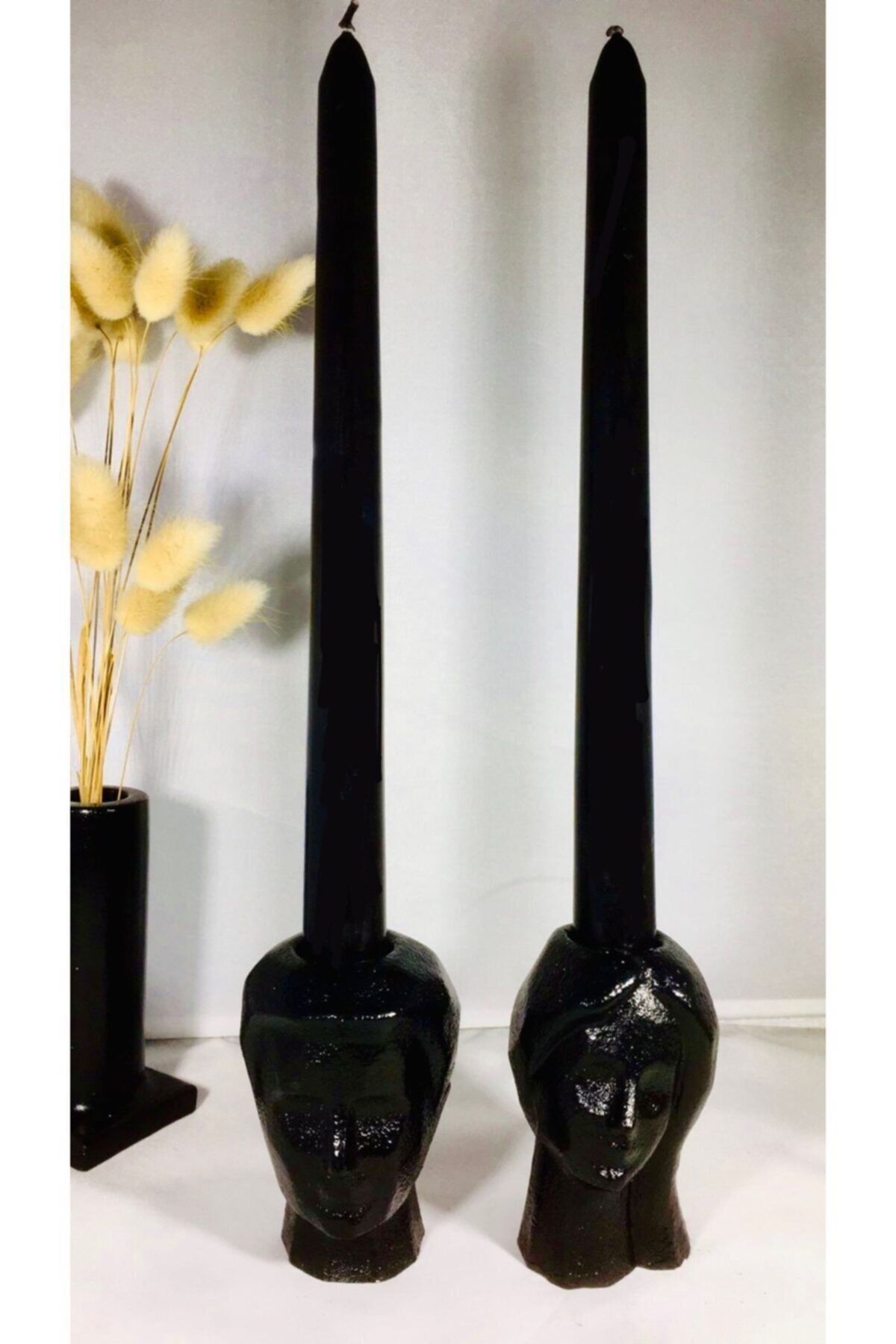 S&D HOME Couple Parlak Siyah Beton Mumluk Şamdanlık Ikili Dekoratif Obje Dayanıklı