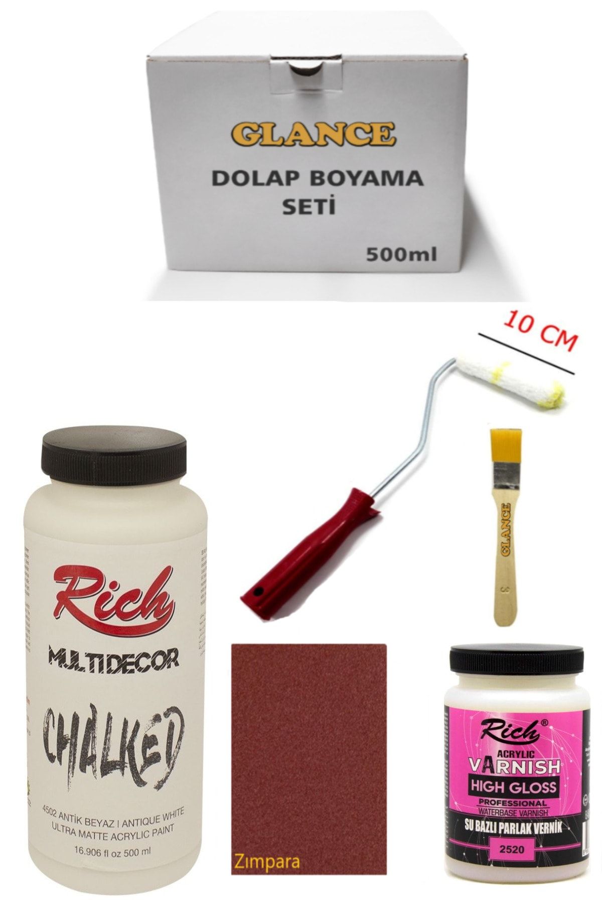 GLANCE Rich Multi Decor Chalked Antik Beyaz 500 Ml Dolap Boyama Seti Mobilya Boyama Seti Parlak