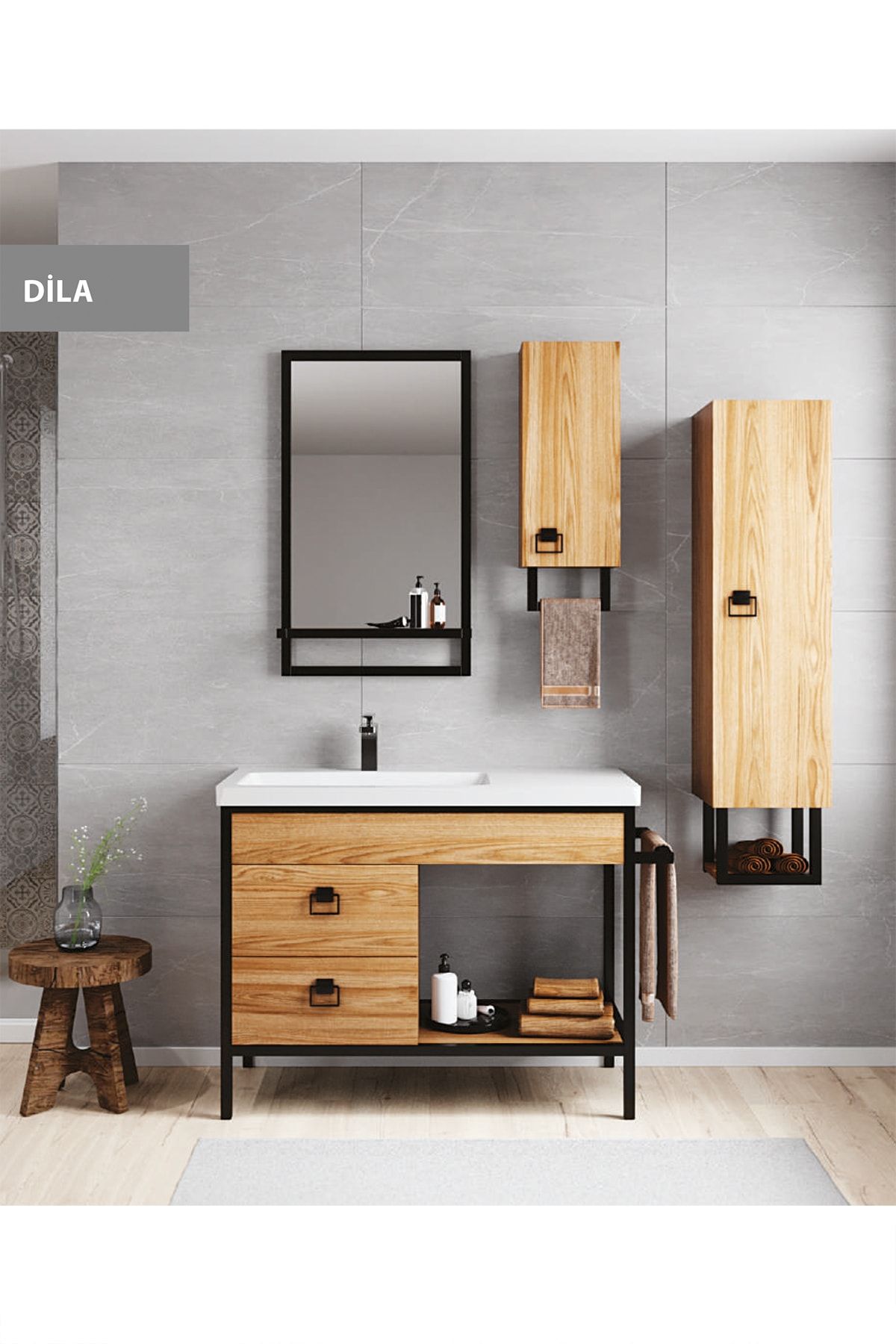 DENKO Dila 100 Cm Mdf Banyo Dolabı Takımı Ve Boy Dolabı