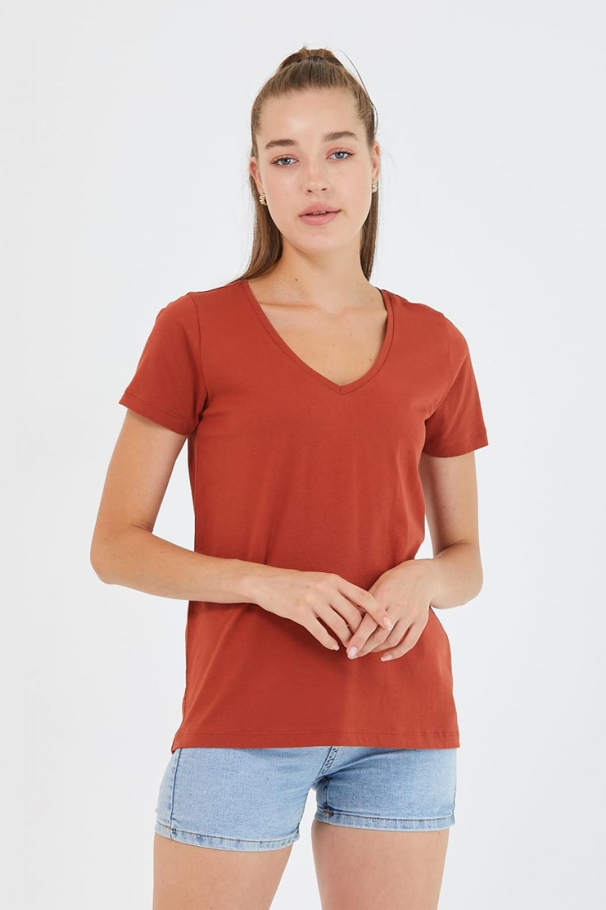 istare Kadın V Yaka T-shirt Kiremit