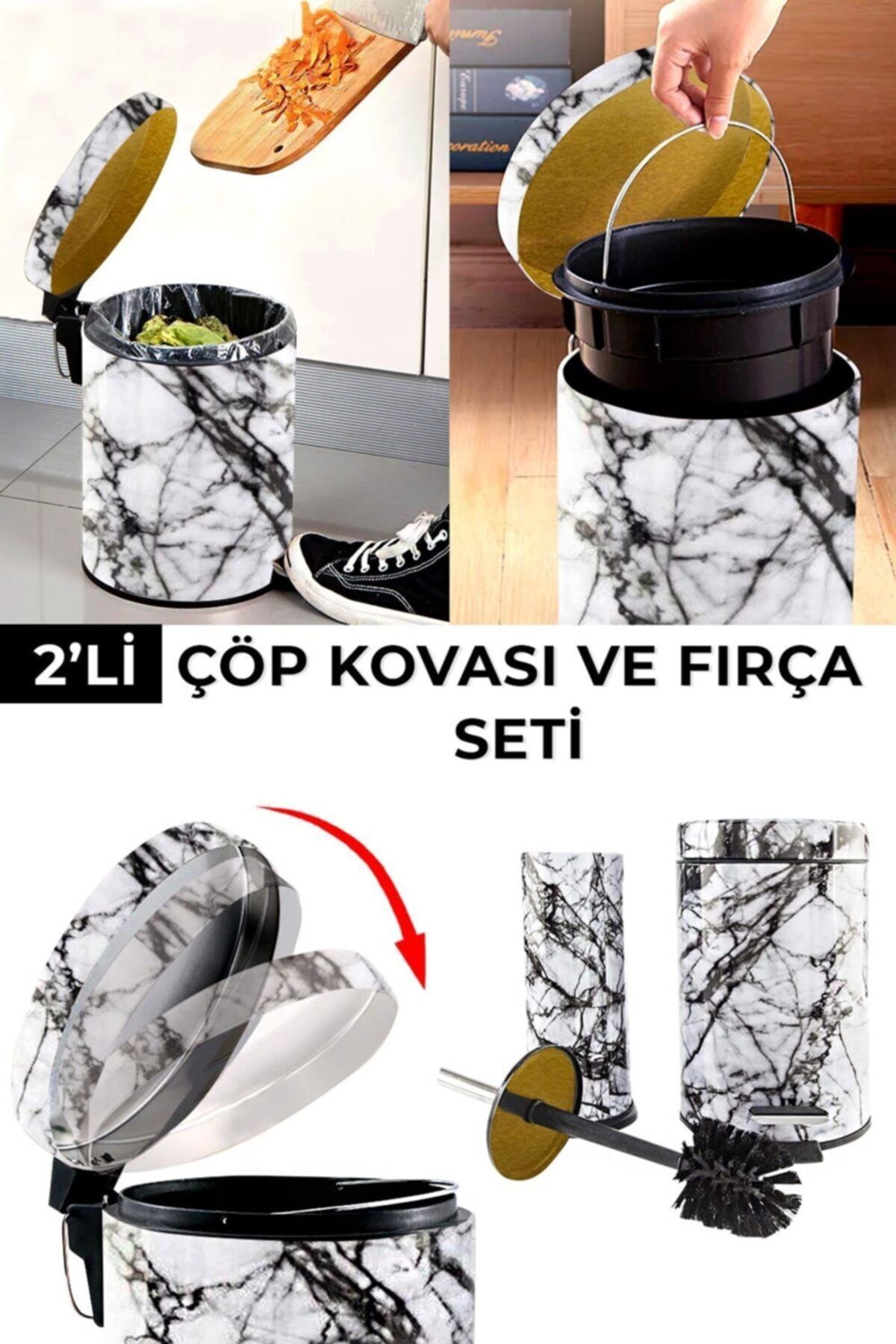 MaoMao 5 Litre Pedallı Çöp Kovası Ve Tuvalet Fırçası Seti Mermer Desen Banyo Seti Beyaz