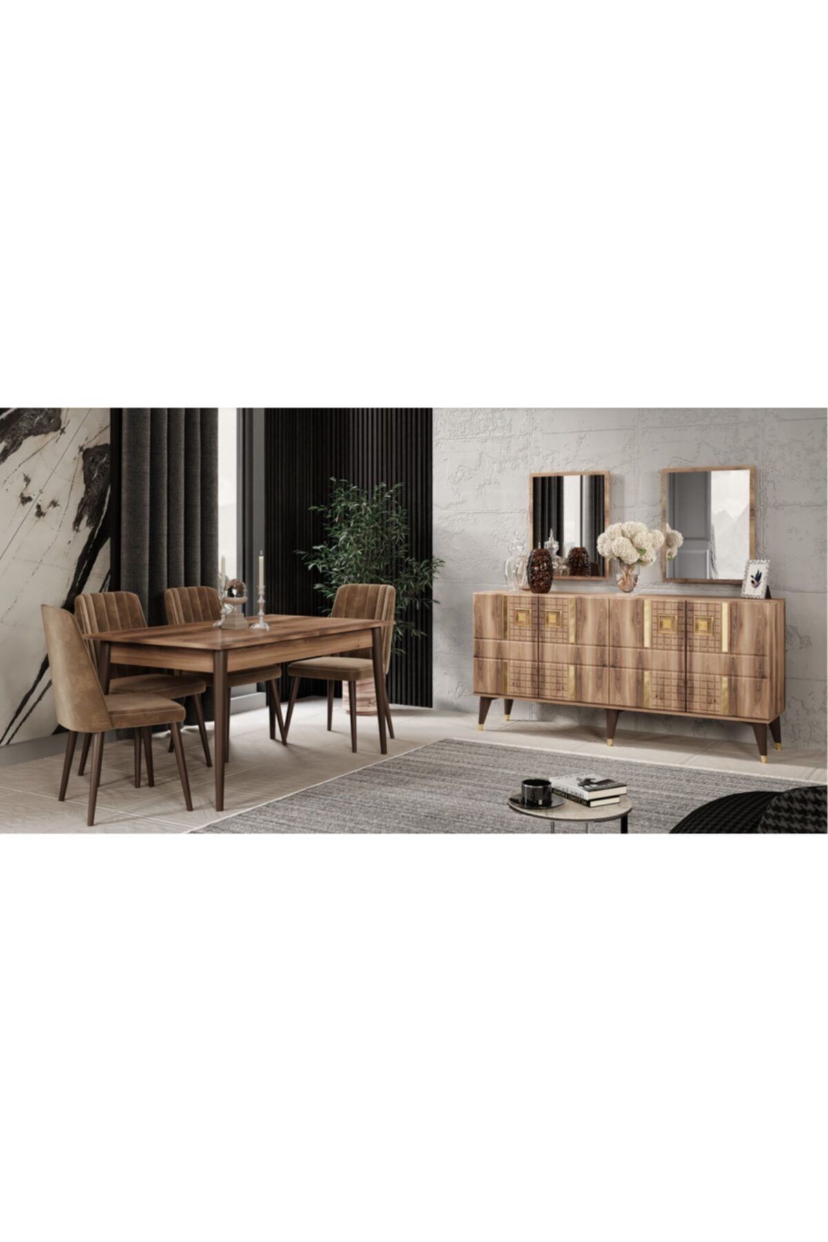 Çiftci Ticaret Retro Ceviz Renkli %100 Mdf Membran Yemek Odası Takımı (4 Retro Sandalyesi Ile Beraber)