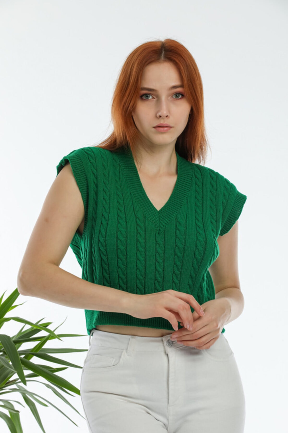 erki triko Kadın Yeşil Saç Örgü V Yaka Crop Süveter