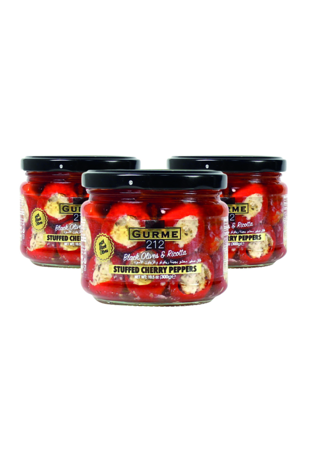 Gurme212 Peynir + Zeytin Dolgulu Kiraz Biber Turşusu, Meze, Aperatif (3 Adet X 300cc)