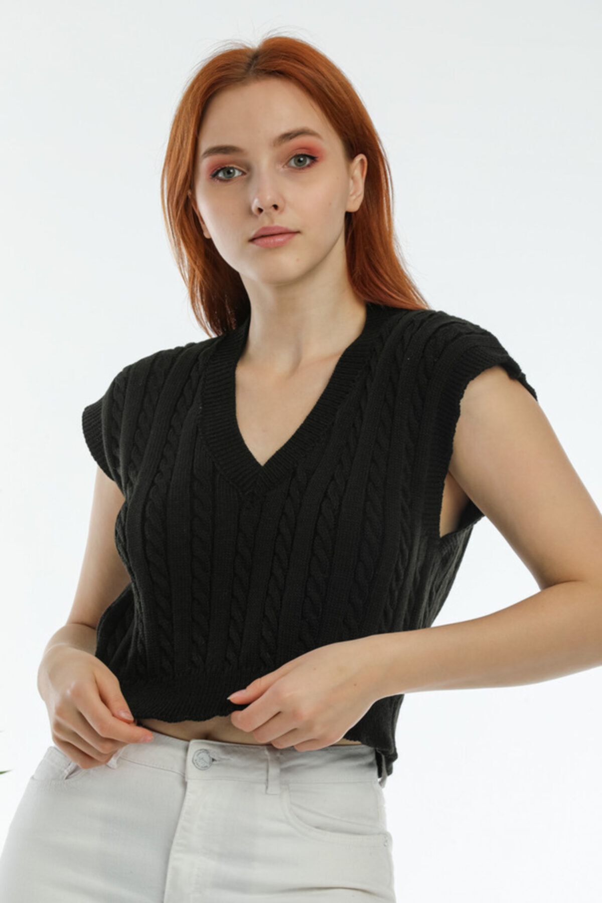 erki triko Kadın Siyah Saç Örgü V Yaka Crop Süveter