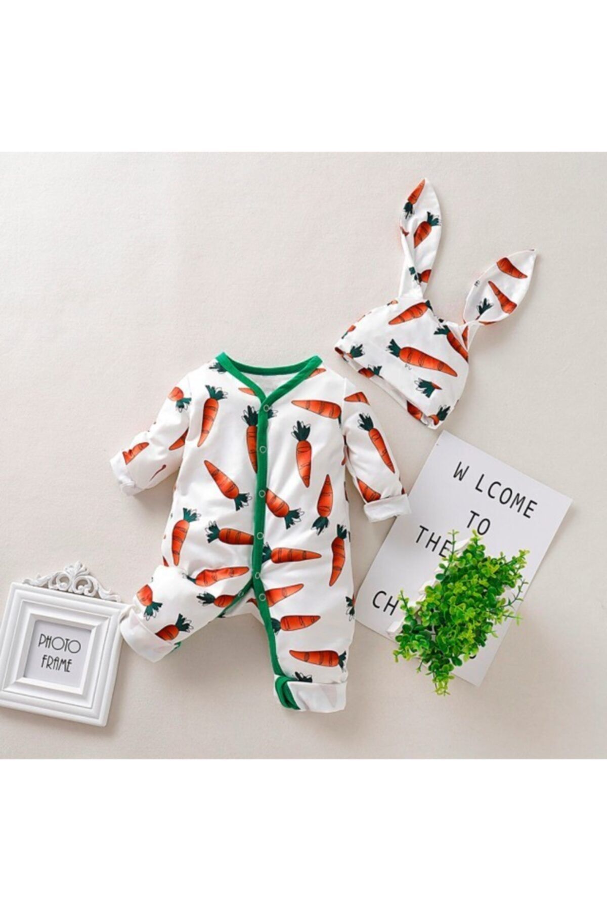 BabyWorldStore Unisex Bebek Tatlı Havuç Şapkalı Tulum Takım
