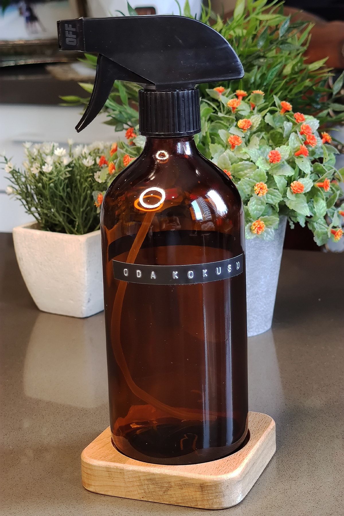 KHAKMA Lüks Ahşap Stantlı 500ml Amber Kahverengi Cam Sprey Şişe Oda Kokusu