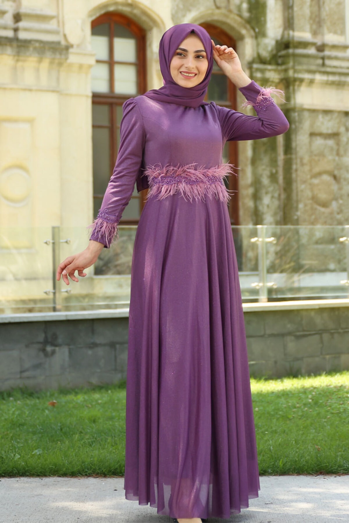 Feiza Collection Tüy Detaylı Tesettür Abiye Elbise - Lila