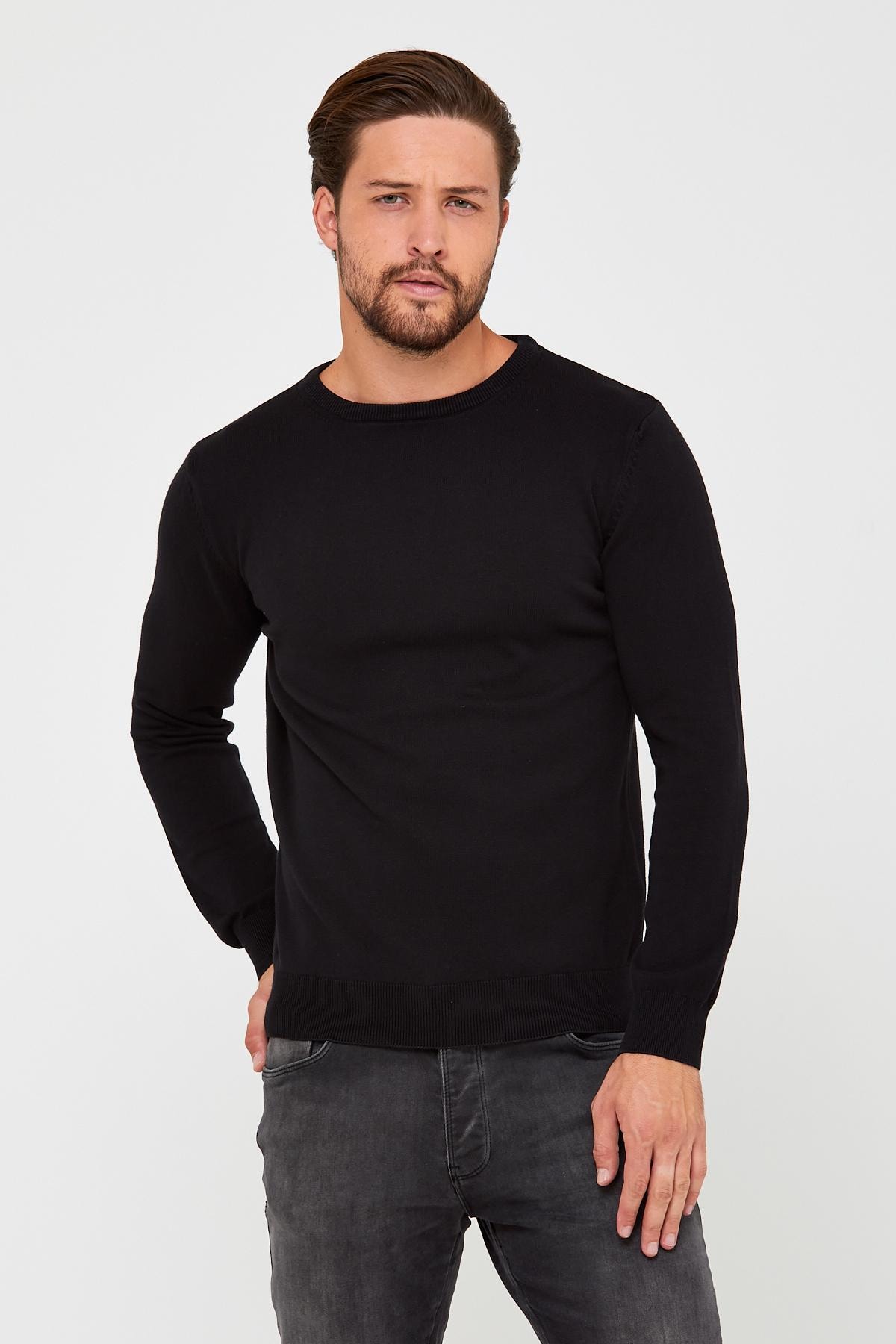 ENQUE Erkek Bisiklet Yaka Triko Kazak Siyah