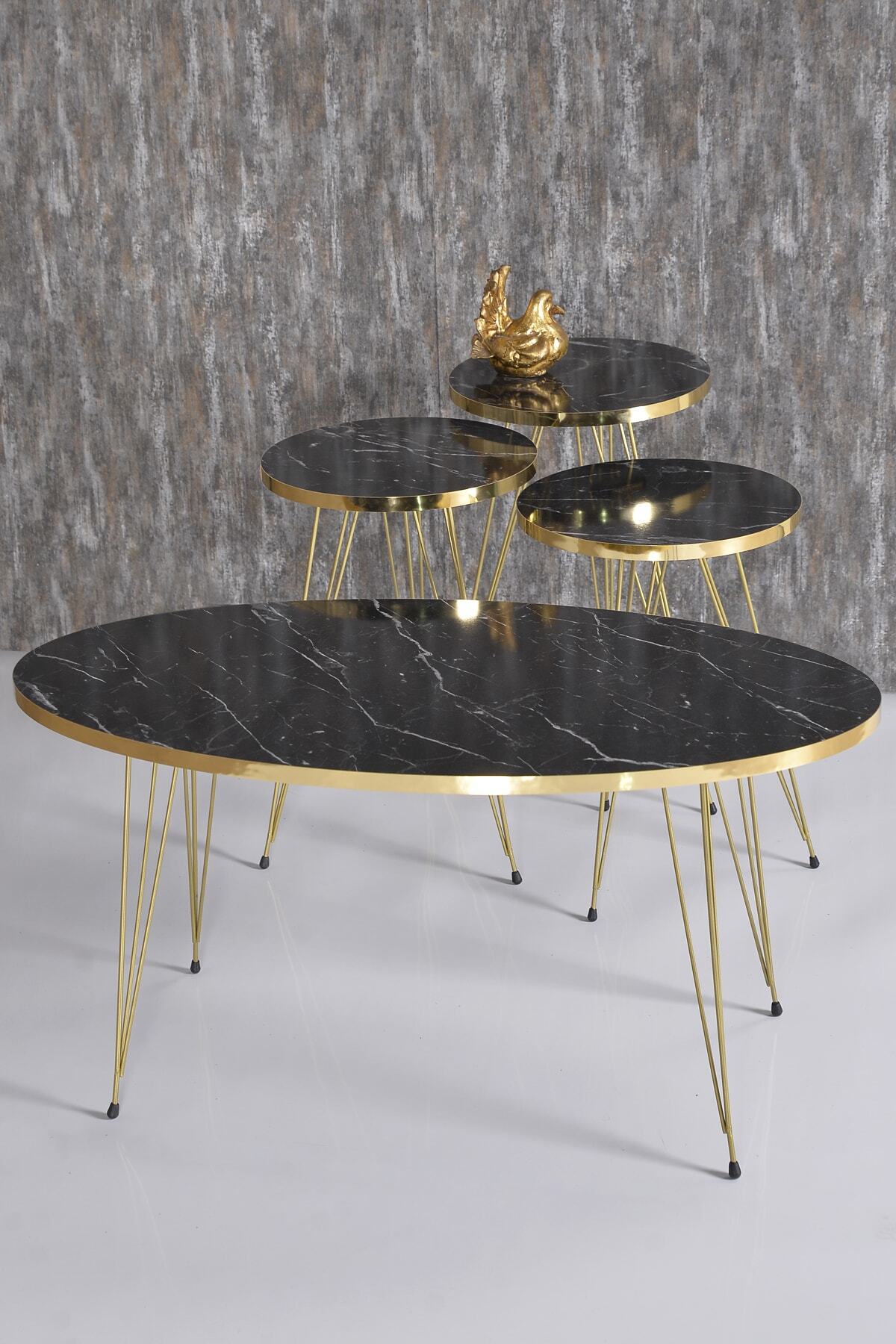 GOLDFALEZ Zigon Sehpa ve Orta Sehpa Elips Set Gold Bendir Tel