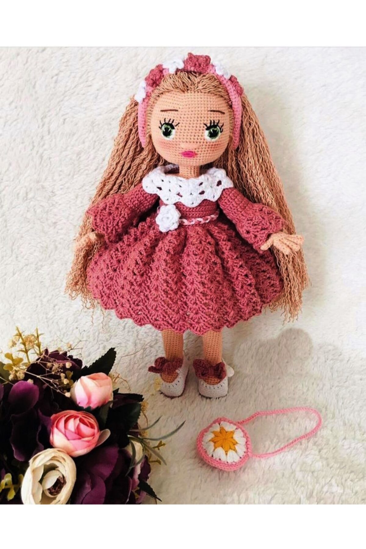 YANNS Amigurumi Organik El Örgüsü Oyun Arkadaşı Oyuncak Prenses Kız Handmade Pembe