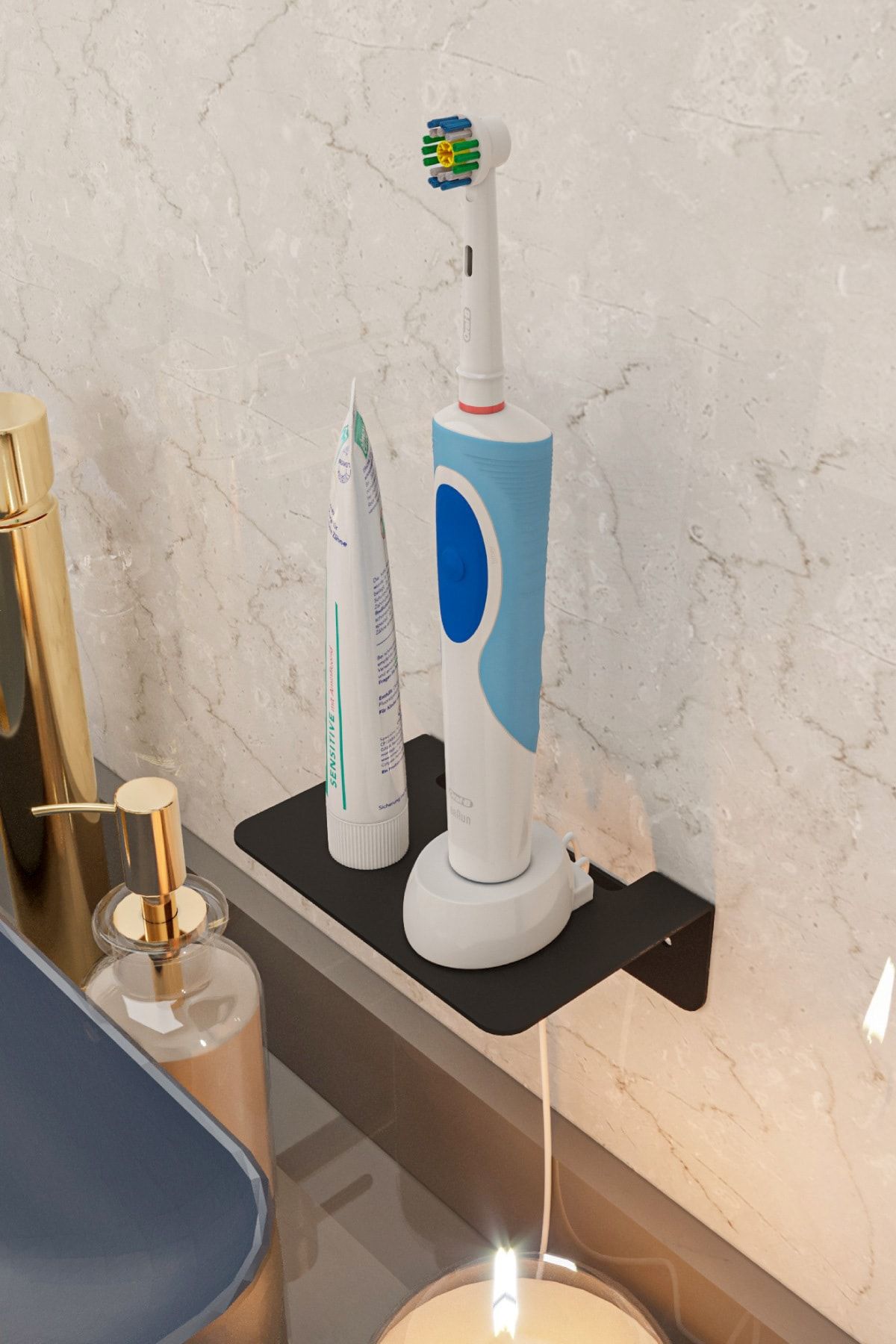 Lamizon Elektrikli Diş Fırçası Tutacağı Diş Macunu Banyo Rafı Siyah