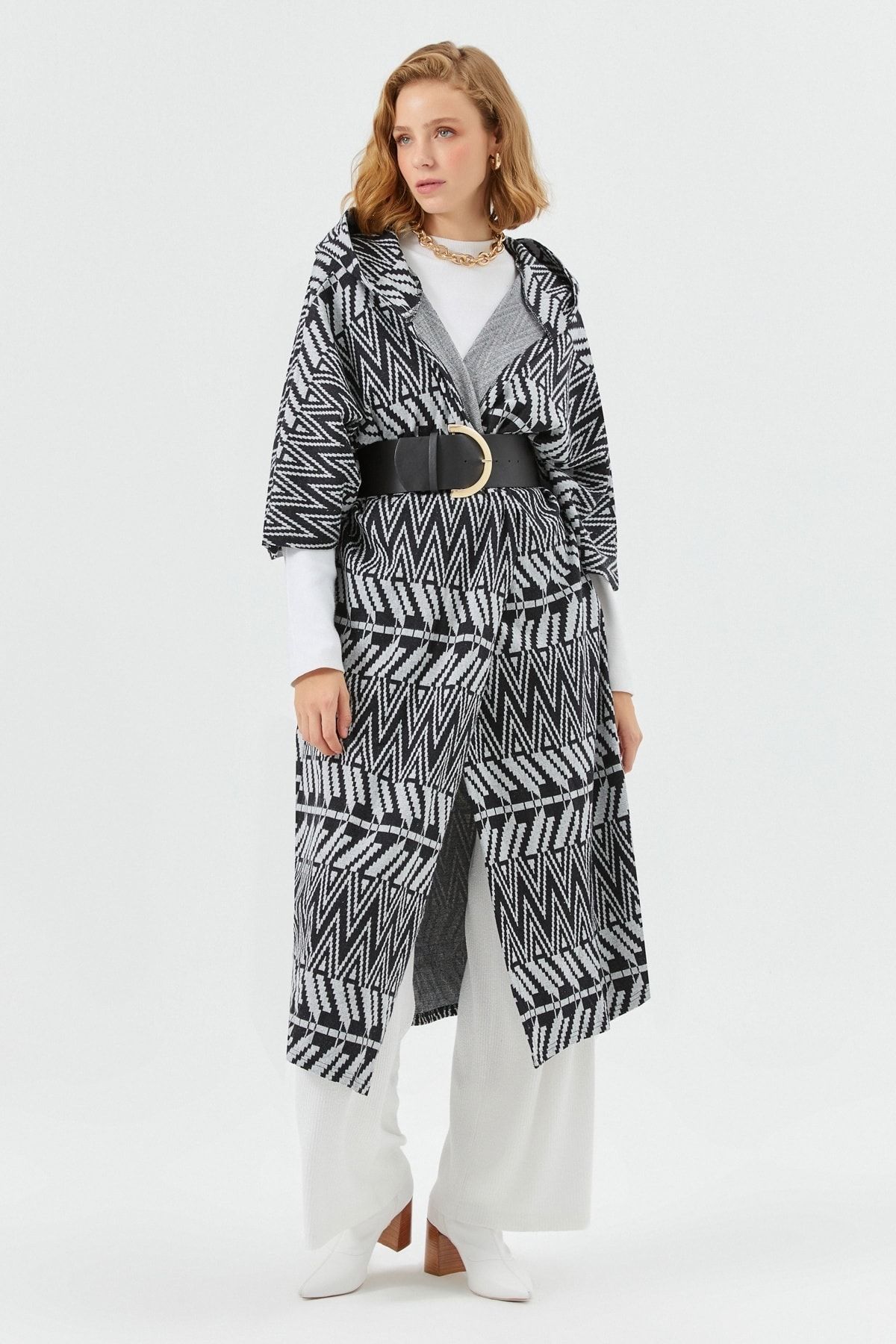 Muni Muni Kemerli Uzun Kaftan-ekru/siyah-5239