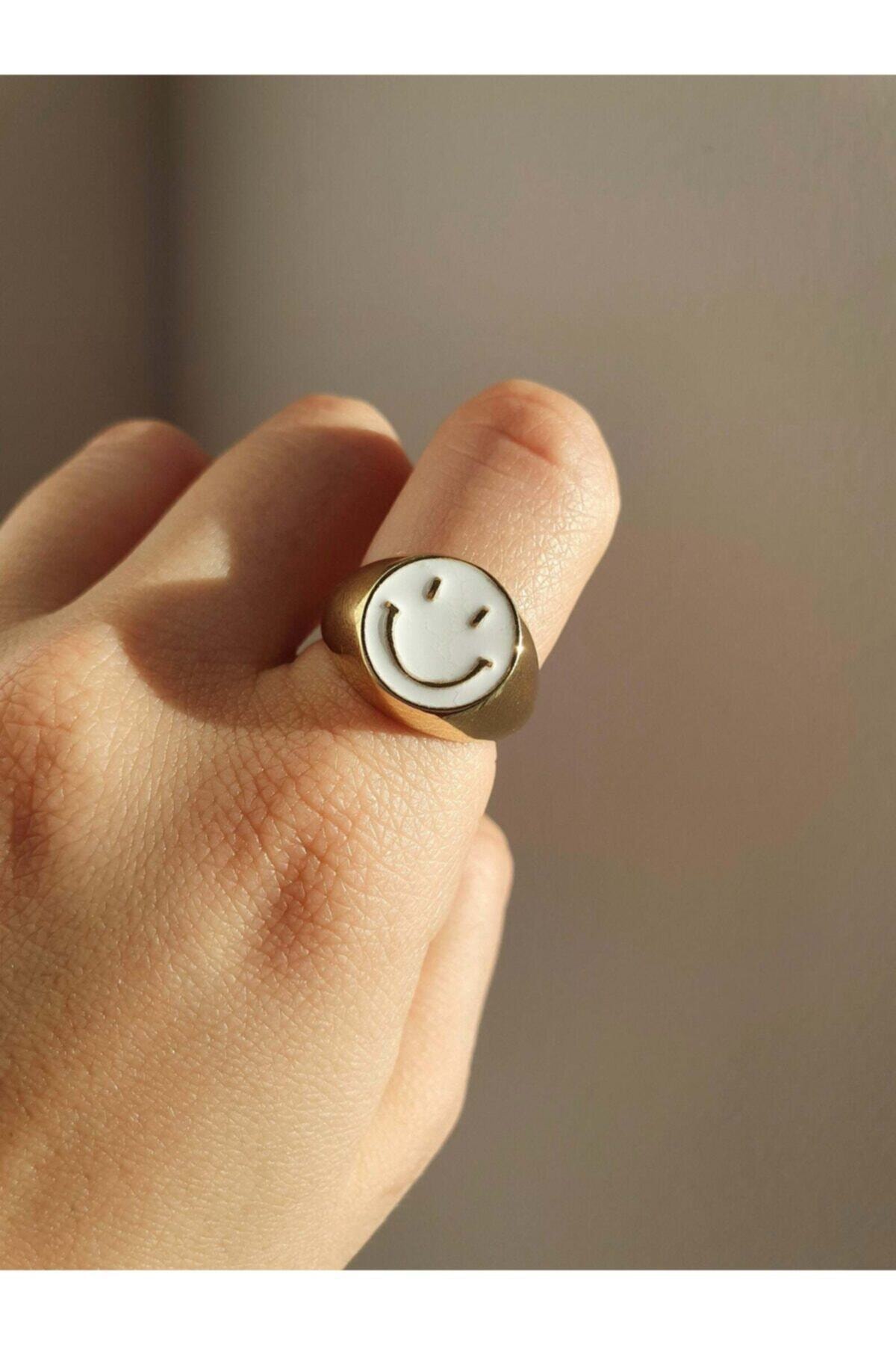 Sun&Moonbrand Altın Kaplama Gülen Yüz Smile Yüzük / Beyaz
