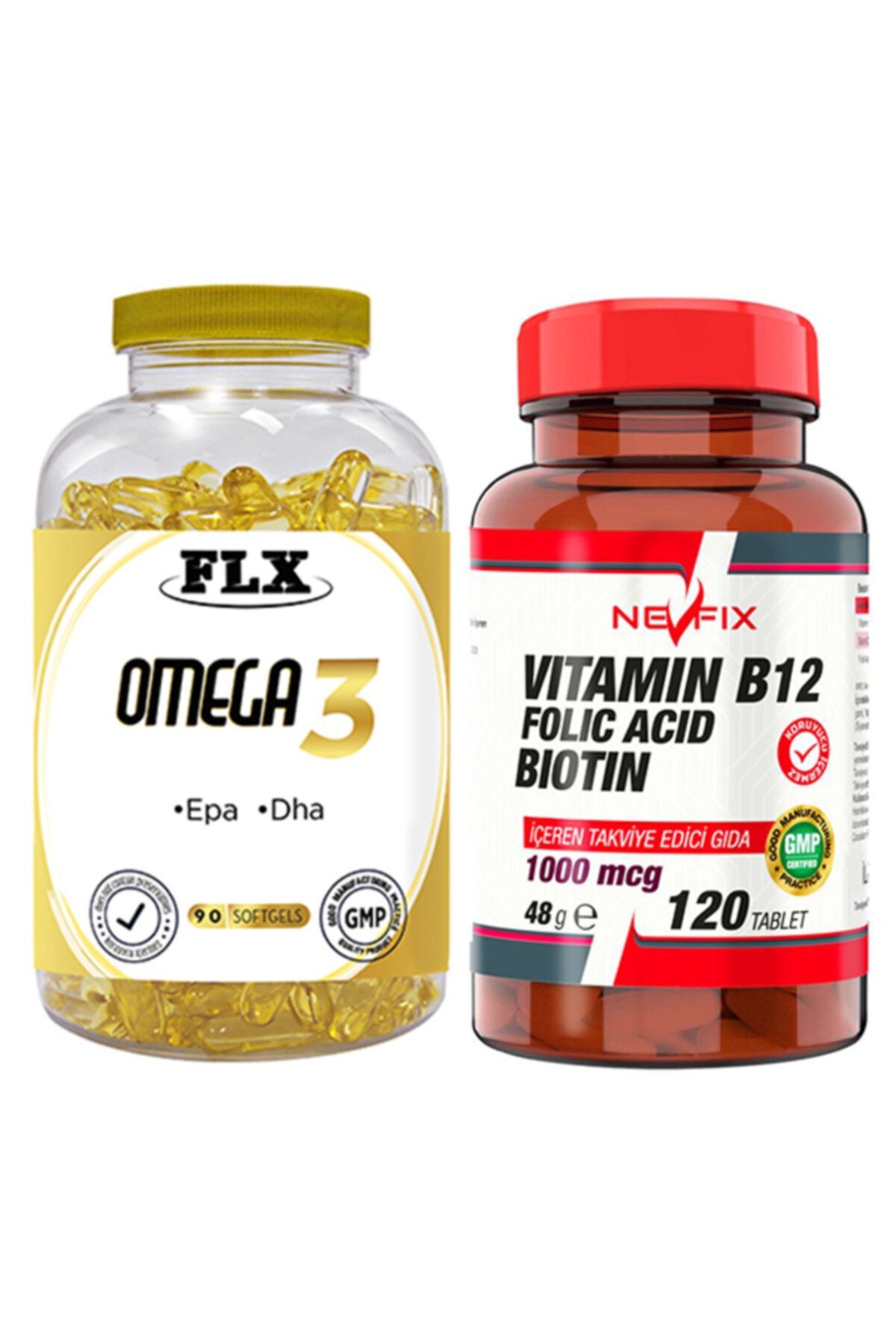 FLX Omega 3 Balık Yağı 90 Softgel ve Nevfix Vitamin B12 1000 Mcg 120 Tablet