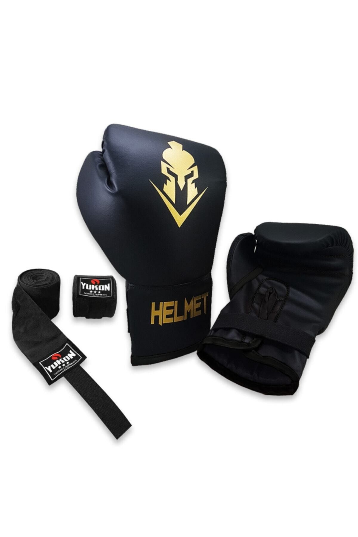 Yukon Siyah Helmet Boks Eldiveni Ve Boks Bandajı Seti