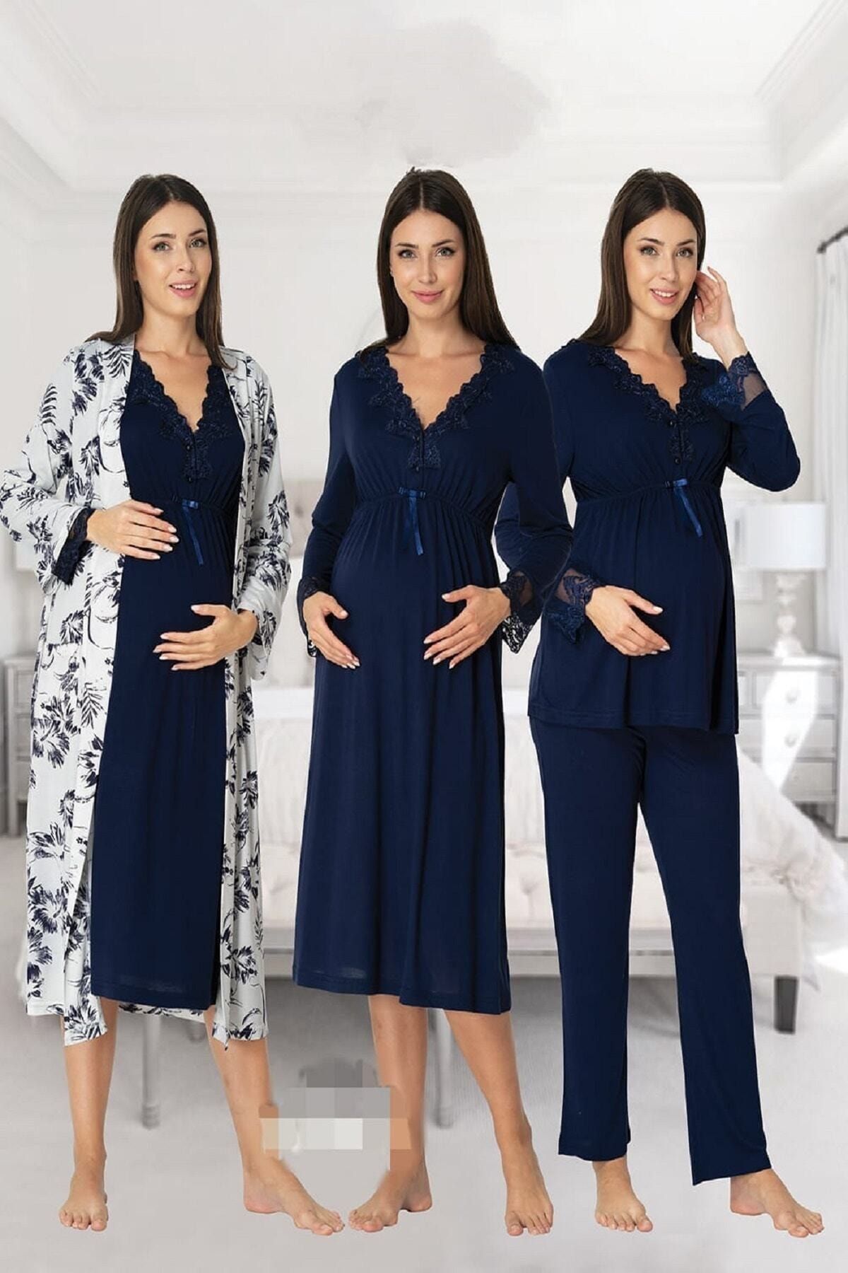 Effort Pijama Zerre Bebe Lacivert Uzun Kollu Pijama Takımı Gecelik Sabahlık Lohusa Hamile 4'lü Set